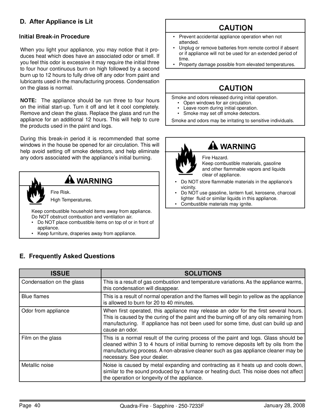 Quadra-Fire 839-1460, SAPPH-D-CWL, 839-1390 After Appliance is Lit, Frequently Asked Questions, Initial Break-in Procedure 