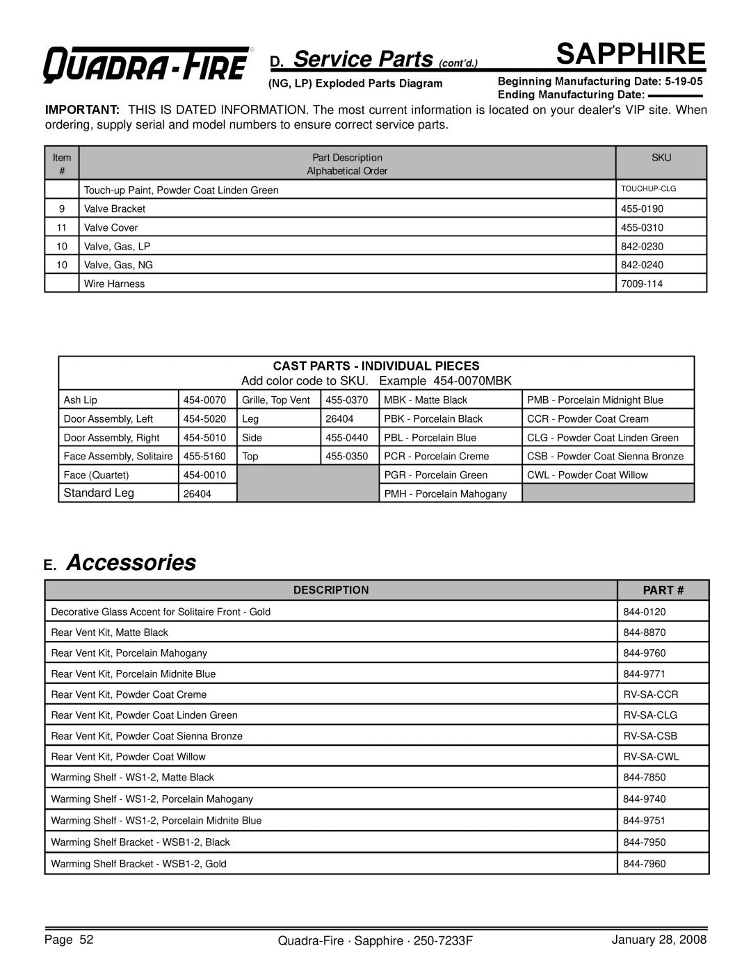 Quadra-Fire 839-1390, 839-1460, SAPPH-D-CWL, SAPPH-D-CSB, 839-1440 owner manual Accessories, Cast Parts Individual Pieces 