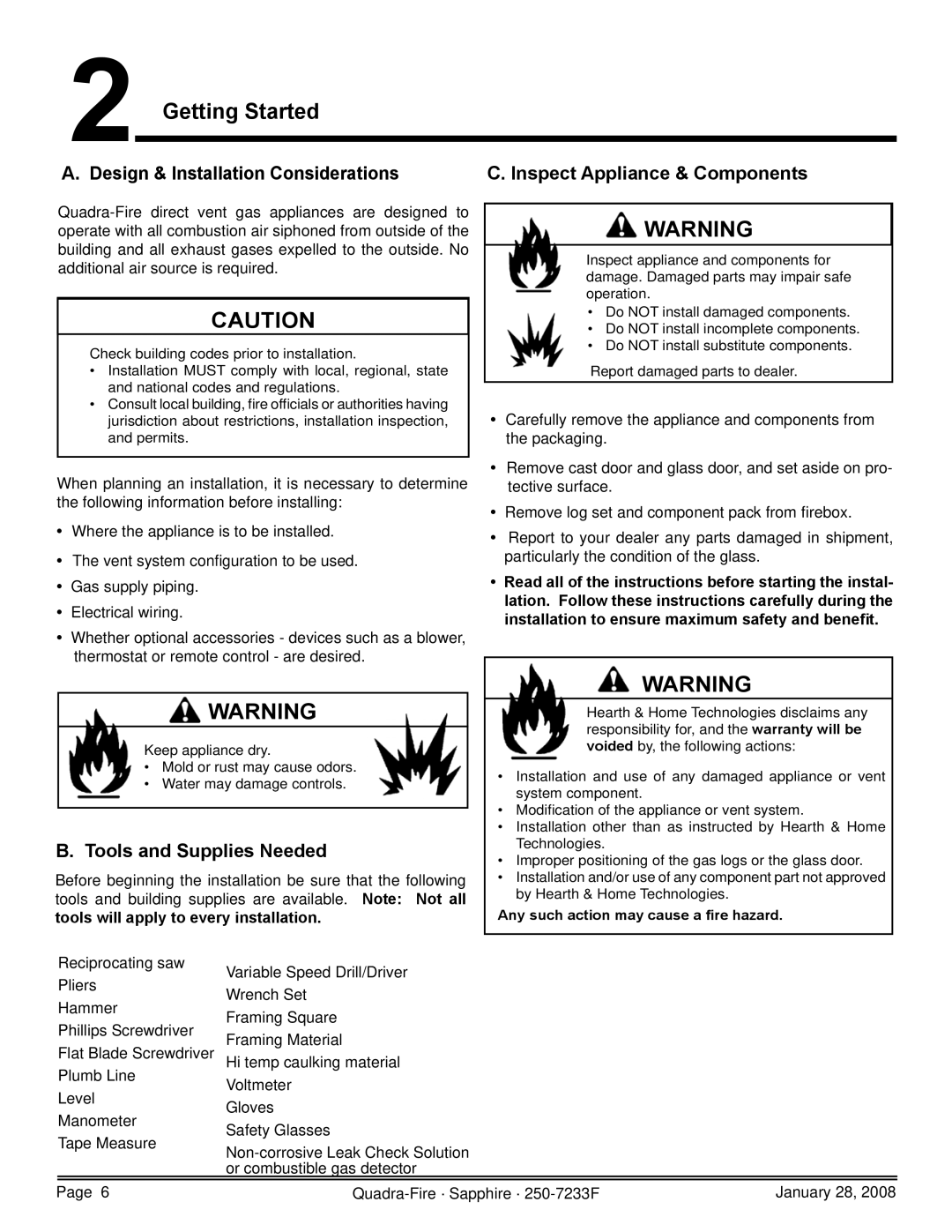 Quadra-Fire SAPPH-D-CWL, 839-1460, 839-1390, SAPPH-D-CSB, 839-1440 owner manual Getting Started, Tools and Supplies Needed 