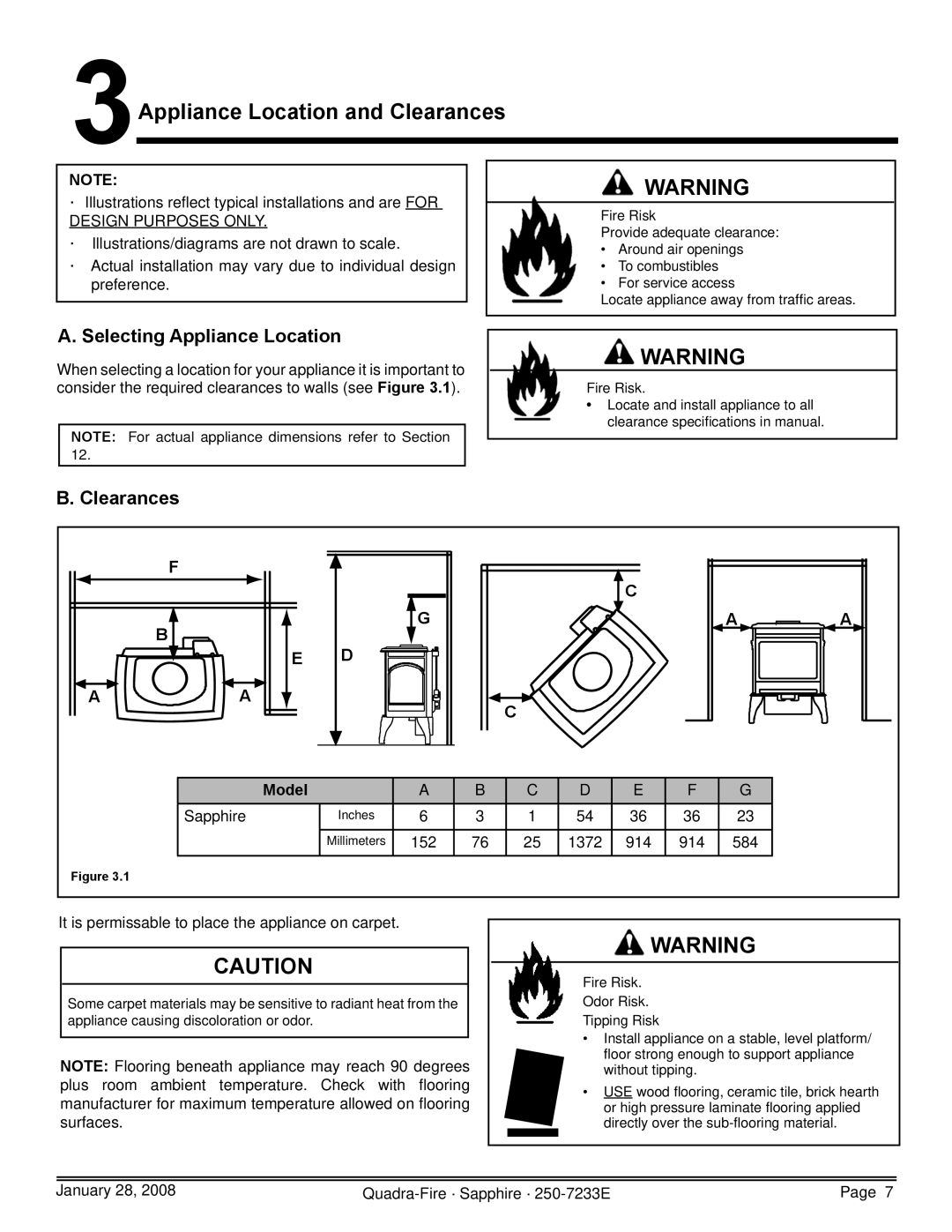 Quadra-Fire 839-1390, 839-1460, SAPPH-D-CWL, SAPPH-D-CSB Appliance Location and Clearances, Selecting Appliance Location 