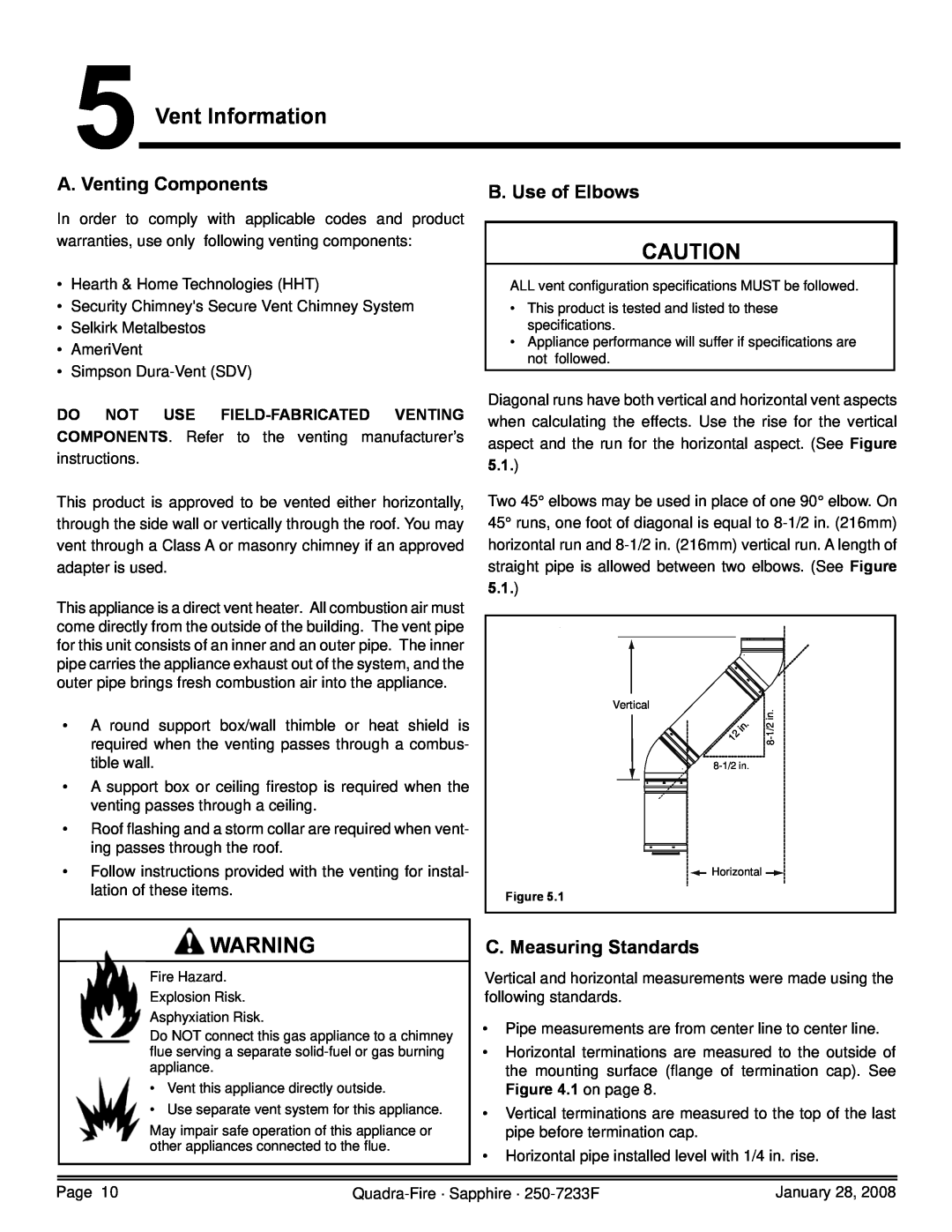Quadra-Fire 839-1460, SAPPH-D-CWL Vent Information, A. Venting Components, B. Use of Elbows, C. Measuring Standards 