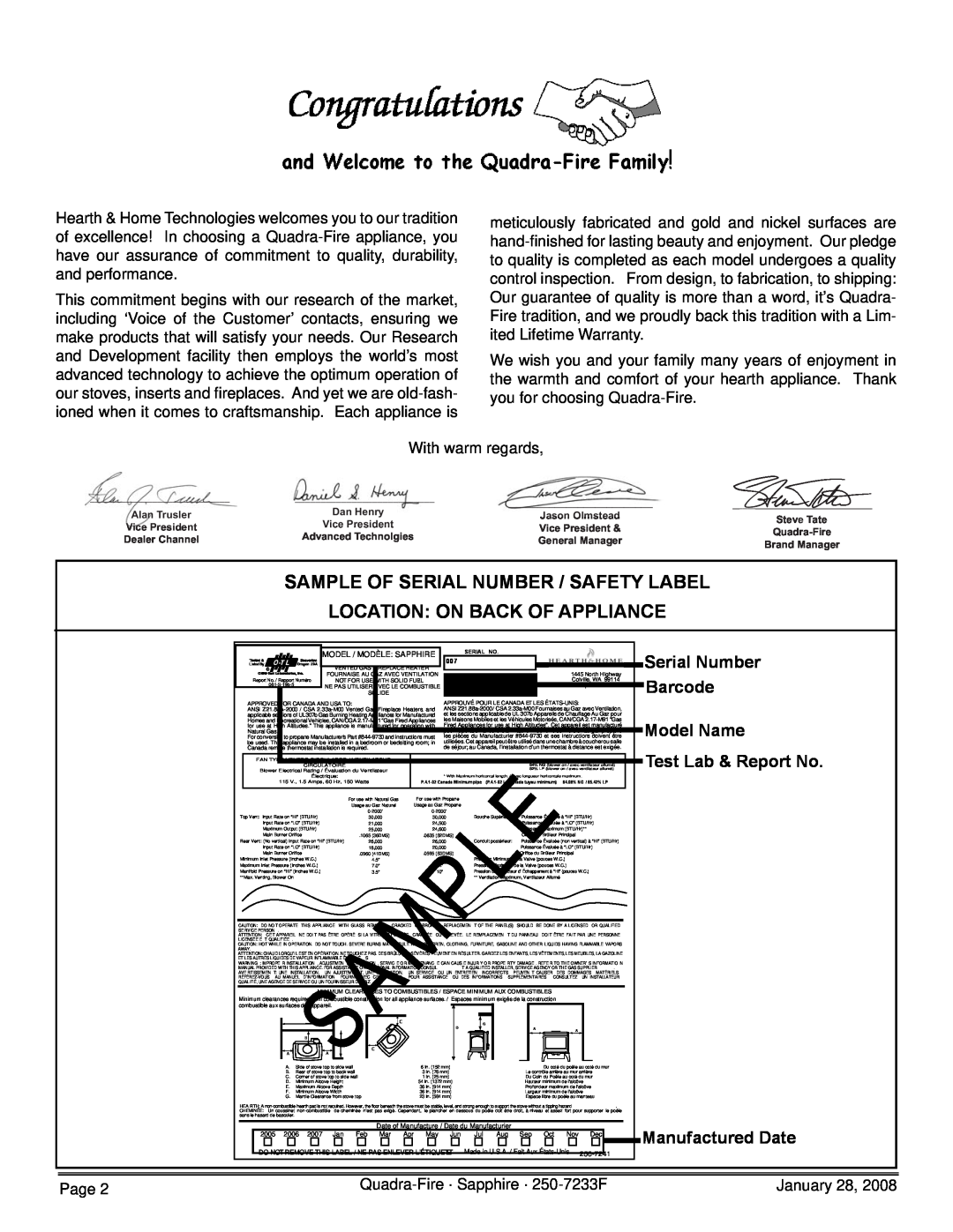 Quadra-Fire 839-1390, 839-1460 Sample Of Serial Number / Safety Label Location On Back Of Appliance, Manufactured Date 