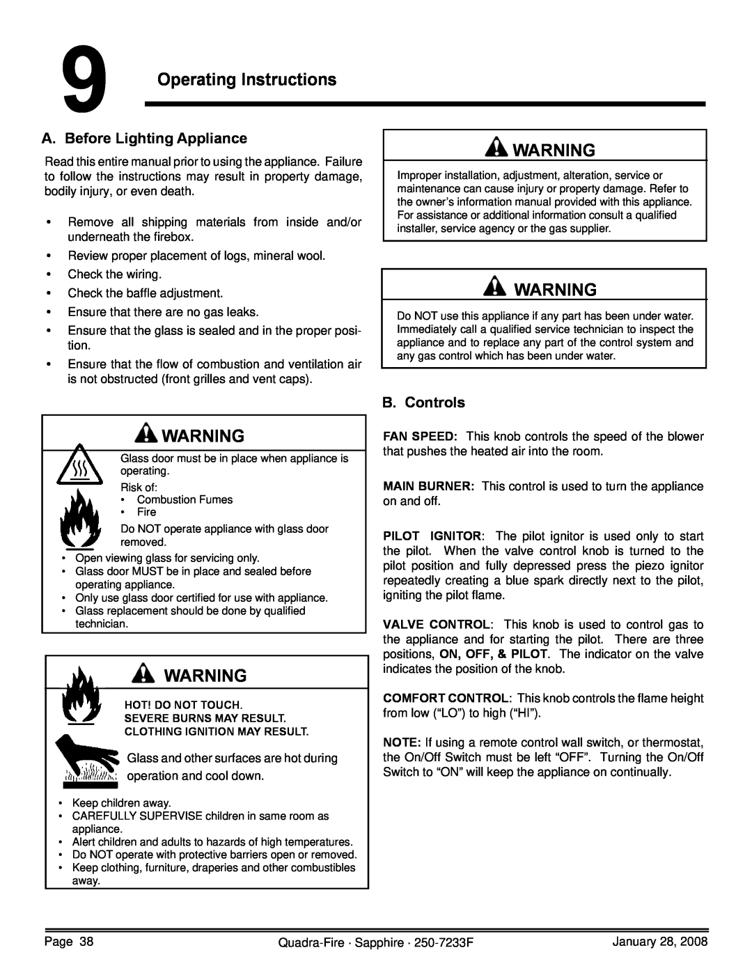 Quadra-Fire SAPPH-D-CSB, 839-1460, SAPPH-D-CWL, 839-1390 Operating Instructions, A. Before Lighting Appliance, B. Controls 