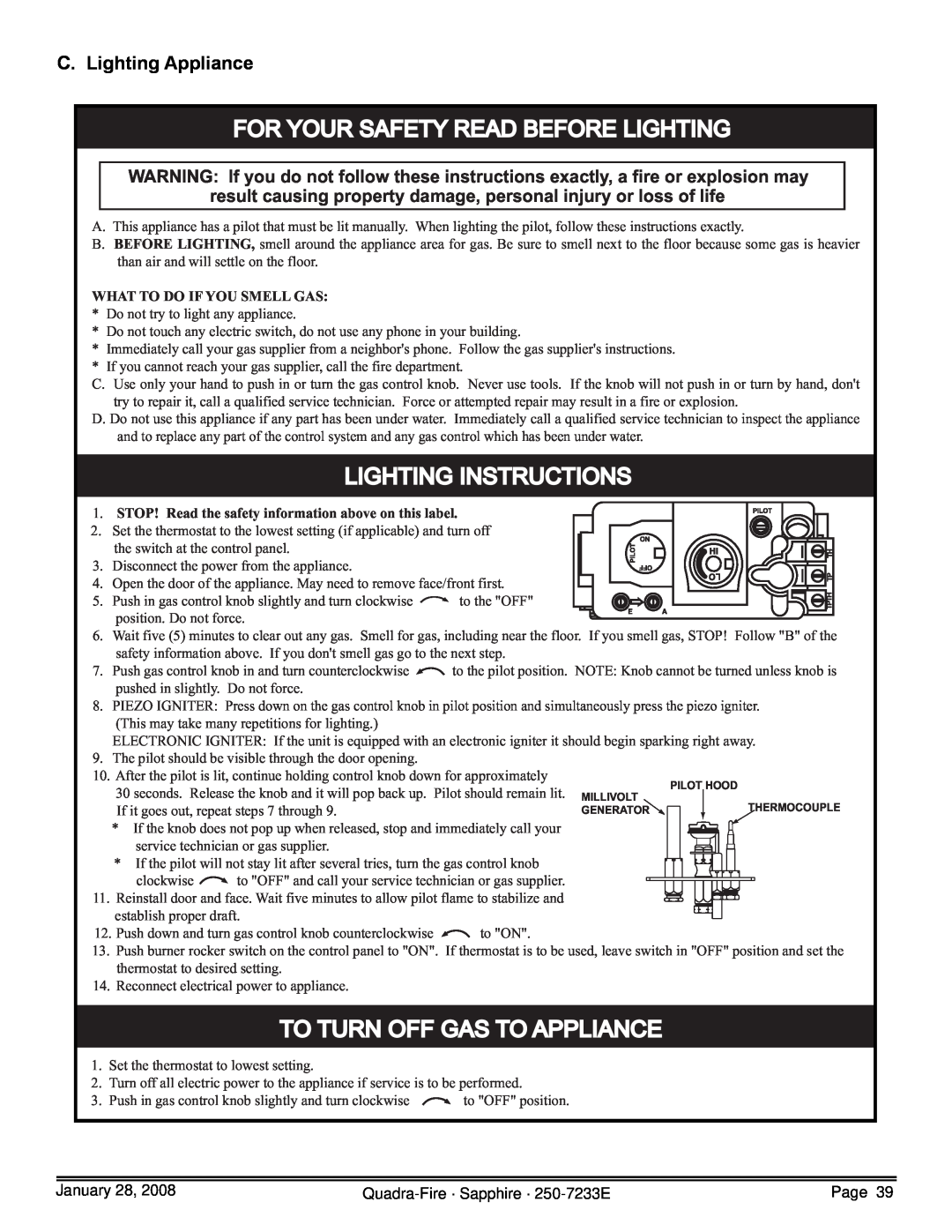 Quadra-Fire 839-1440, 839-1460, 839-1390 C. Lighting Appliance, For Your Safety Read Before Lighting, Lighting Instructions 