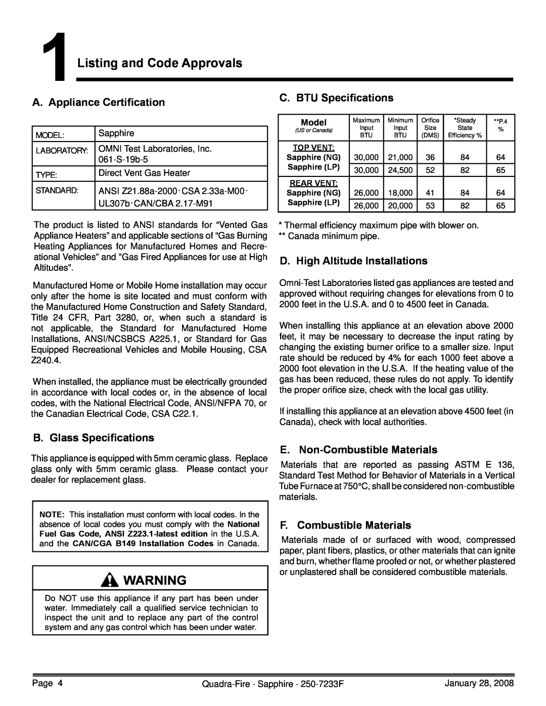 Quadra-Fire 839-1440 1Listing and Code Approvals, A. Appliance Certiﬁcation, C. BTU Speciﬁcations, B. Glass Speciﬁcations 