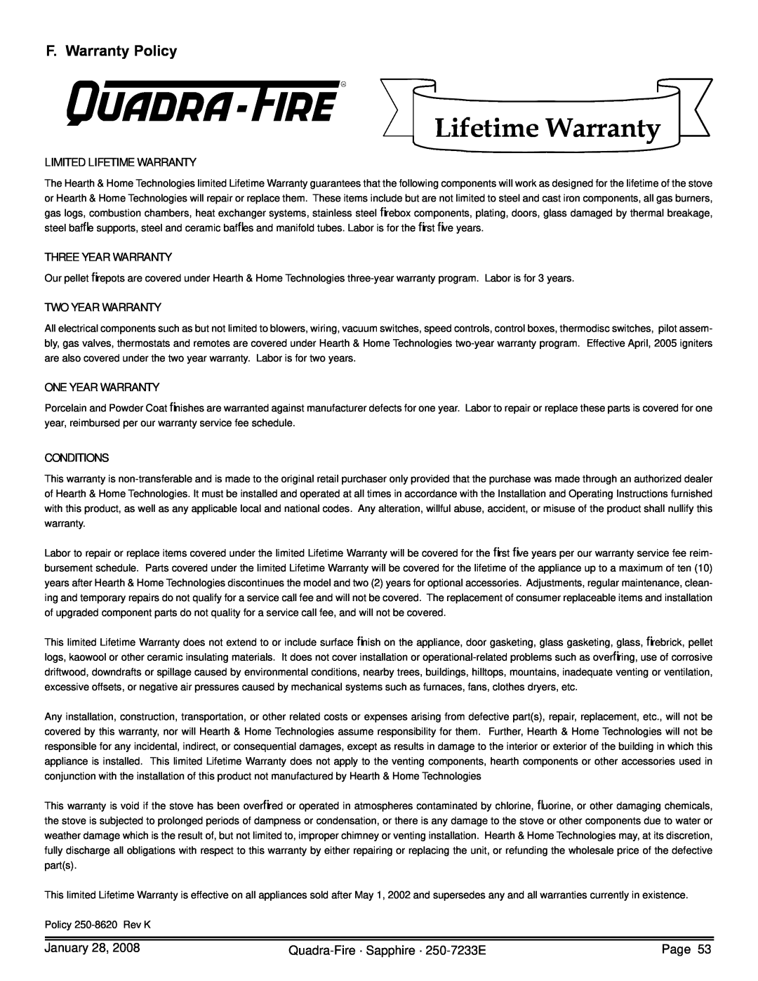 Quadra-Fire SAPPH-D-CSB F. Warranty Policy, Limited Lifetime Warranty, Three Year Warranty, Two Year Warranty 