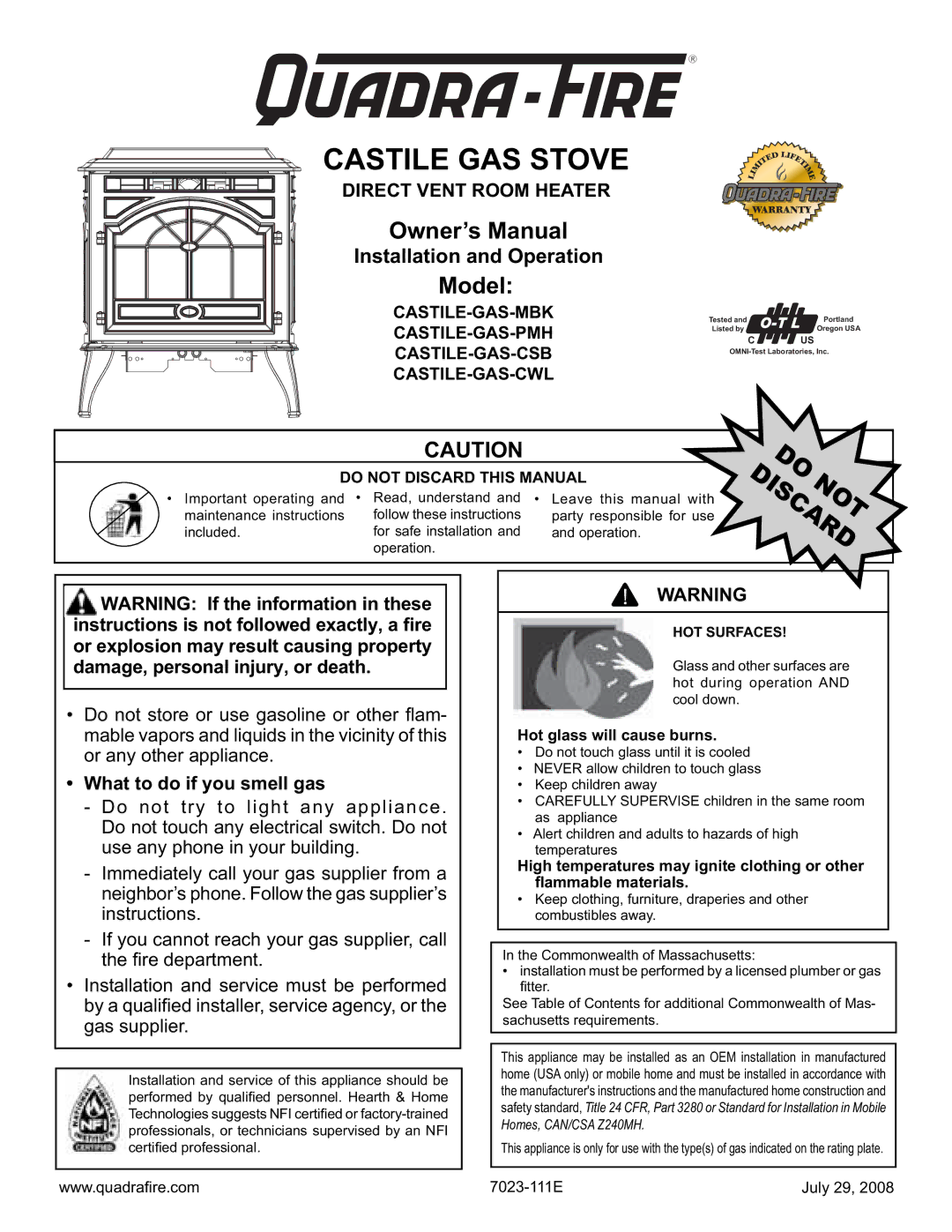 Quadra-Fire CASTILE-GAS-CSB, 7023-111E owner manual What to do if you smell gas, Do not Discard this Manual, Do Discardnot 