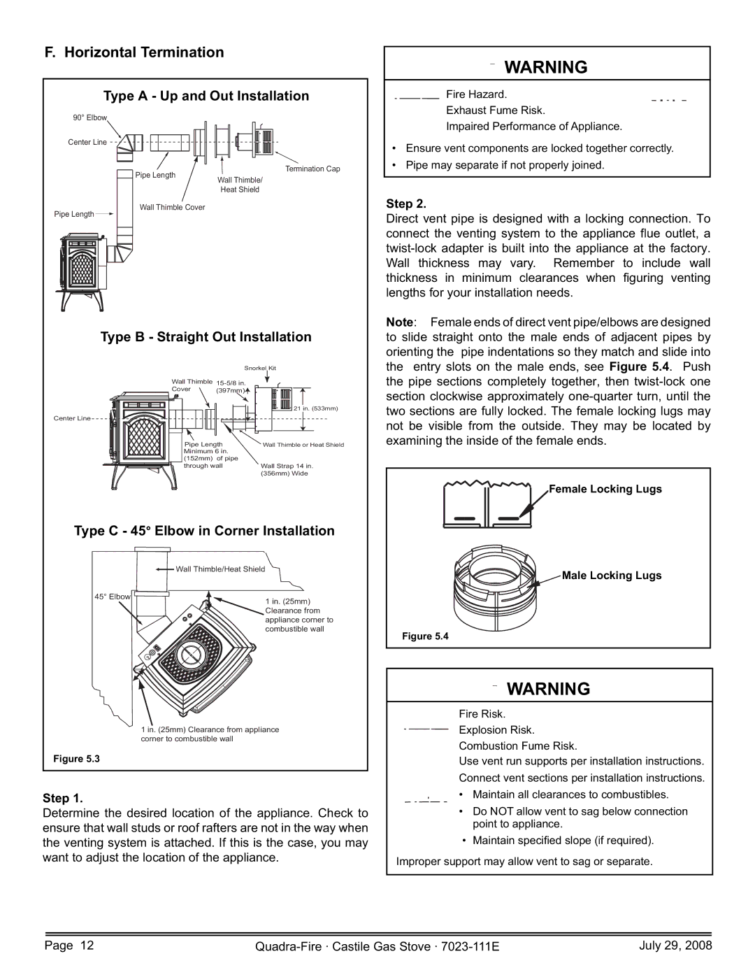 Quadra-Fire CASTILE-GAS-MBK Horizontal Termination, Type a Up and Out Installation, Type B Straight Out Installation, Step 