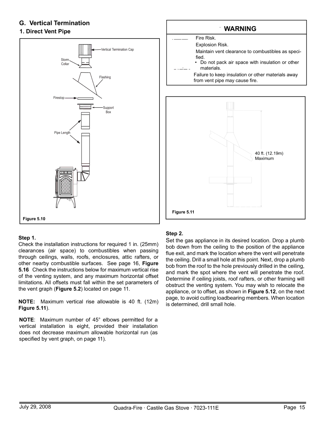 Quadra-Fire CASTILE-GAS-PMH, CASTILE-GAS-MBK, CASTILE-GAS-CSB, 7023-111E owner manual Vertical Termination, Direct Vent Pipe 