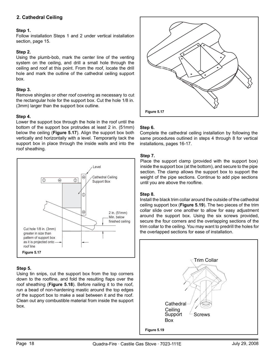 Quadra-Fire 7023-111E, CASTILE-GAS-MBK, CASTILE-GAS-CSB, CASTILE-GAS-PMH owner manual Cathedral Ceiling 