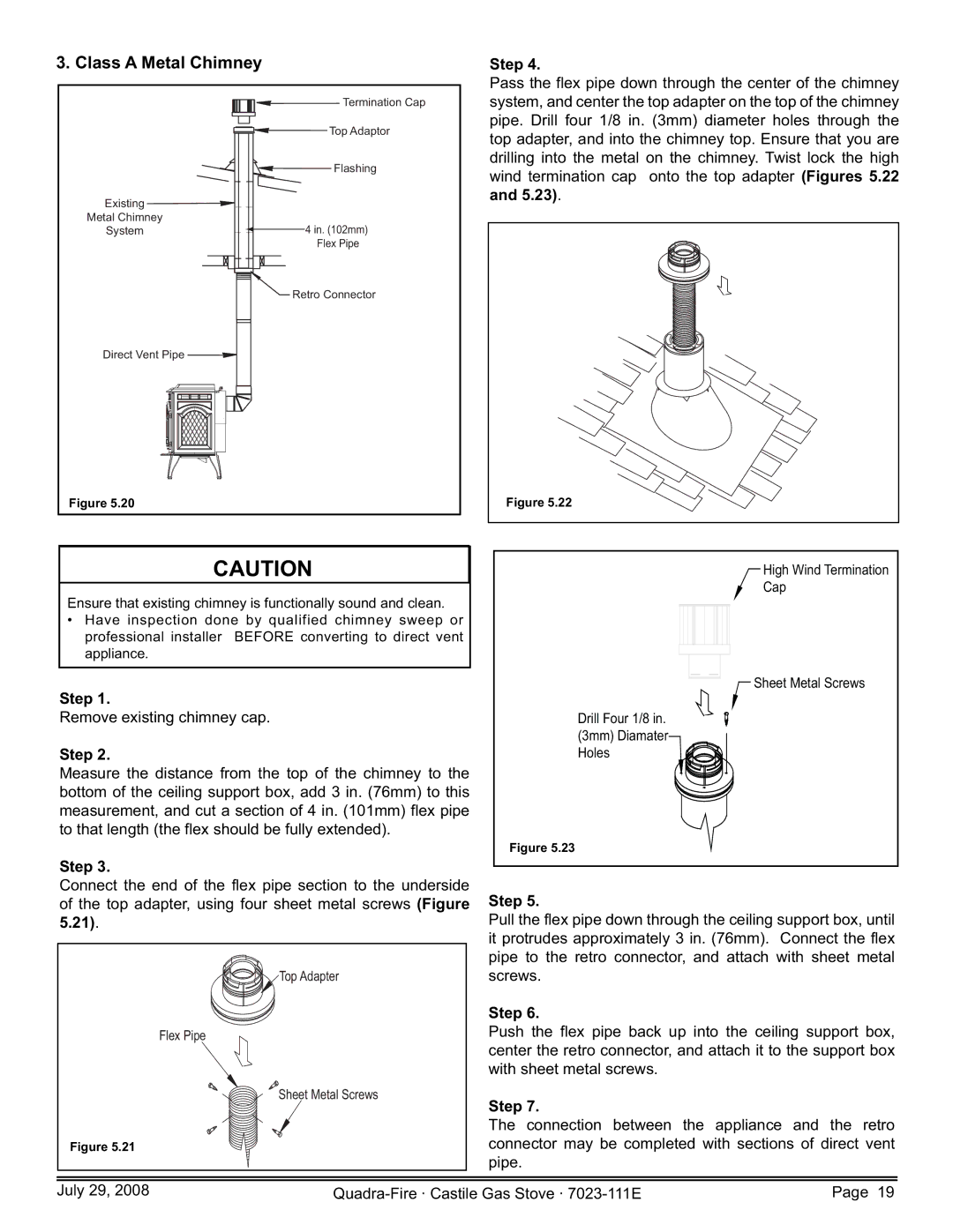 Quadra-Fire CASTILE-GAS-PMH, CASTILE-GAS-MBK, CASTILE-GAS-CSB, 7023-111E owner manual Class a Metal Chimney 