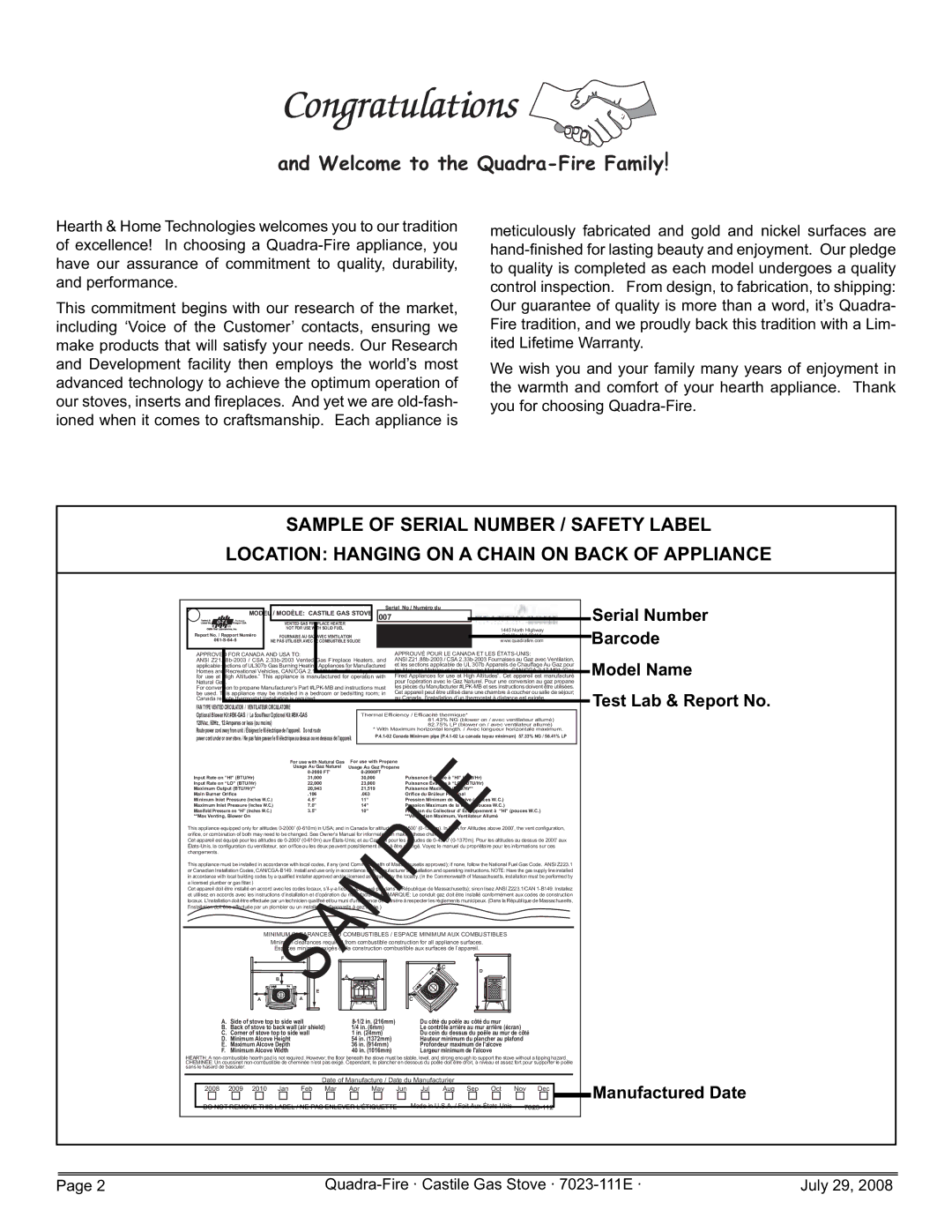 Quadra-Fire 7023-111E, CASTILE-GAS-MBK, CASTILE-GAS-CSB, CASTILE-GAS-PMH owner manual Welcome to the Quadra-Fire Family 