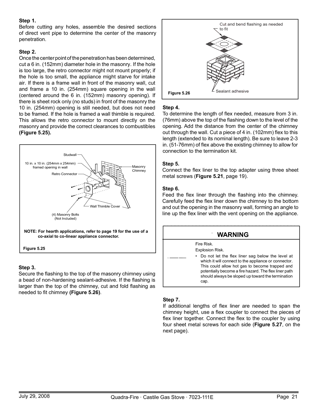 Quadra-Fire CASTILE-GAS-CSB, CASTILE-GAS-MBK, 7023-111E owner manual Cut and bend flashing as needed to fit Sealant adhesive 