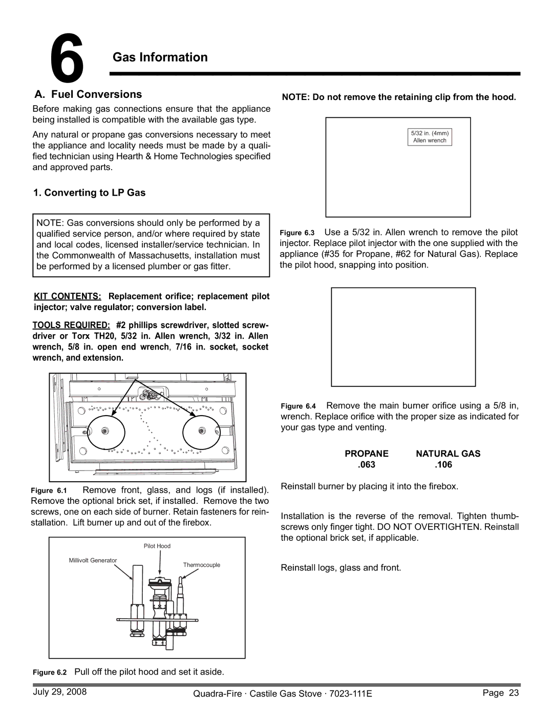 Quadra-Fire CASTILE-GAS-PMH Gas Information, Fuel Conversions, Converting to LP Gas, Propane Natural GAS, 063 106 