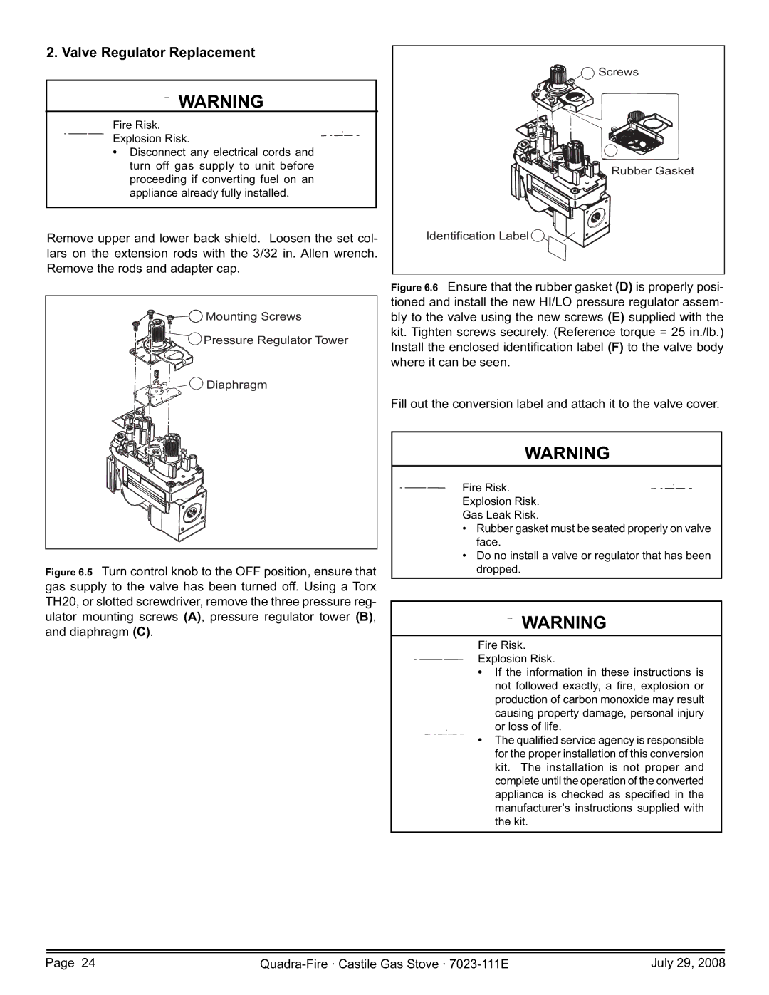 Quadra-Fire CASTILE-GAS-MBK, CASTILE-GAS-CSB Valve Regulator Replacement, Screws Rubber Gasket Identification Label F 