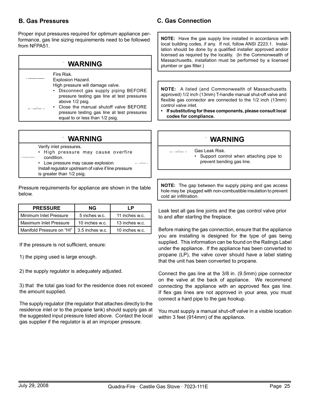 Quadra-Fire CASTILE-GAS-CSB, CASTILE-GAS-MBK, 7023-111E, CASTILE-GAS-PMH owner manual Gas Pressures Gas Connection 