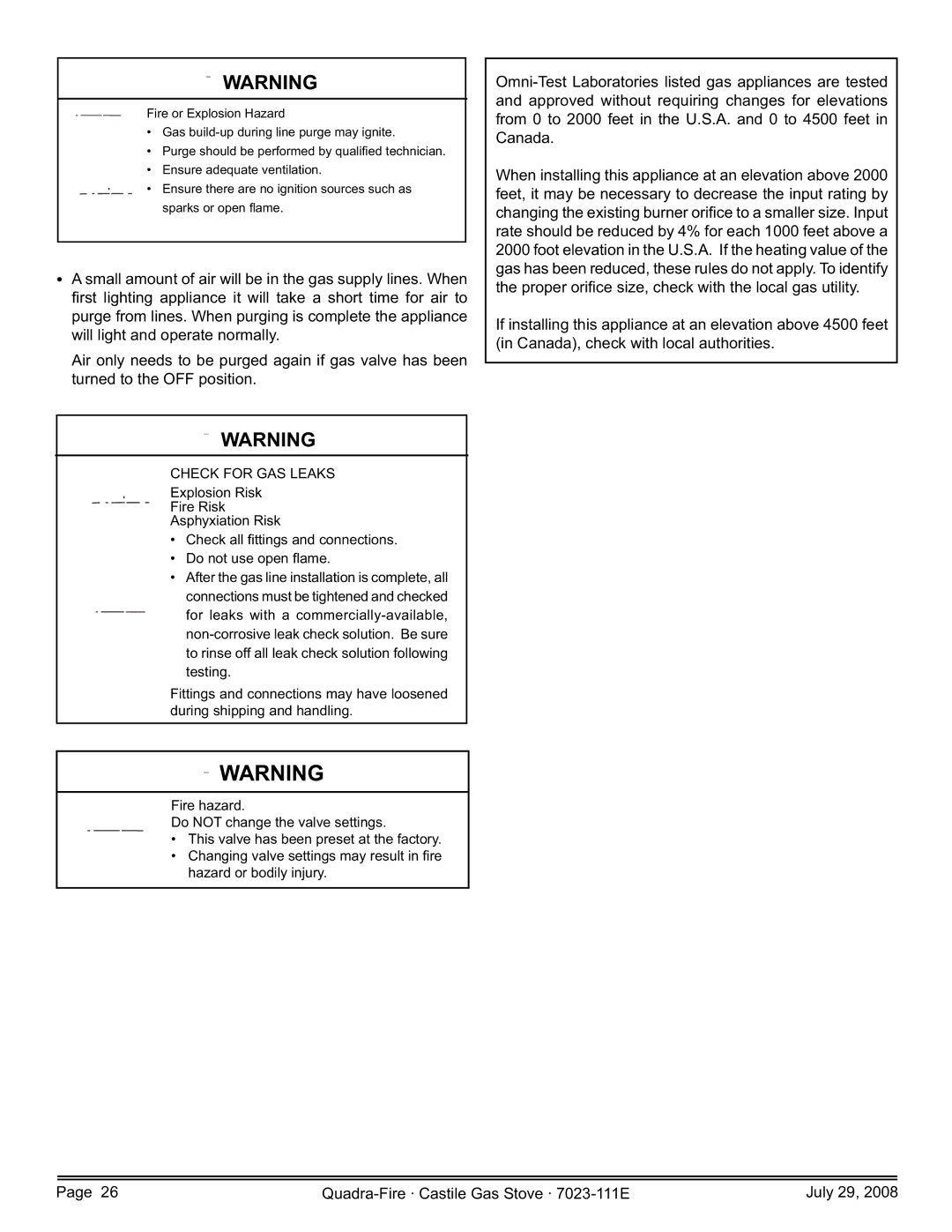 Quadra-Fire 7023-111E, CASTILE-GAS-MBK, CASTILE-GAS-CSB, CASTILE-GAS-PMH owner manual Check for GAS Leaks 