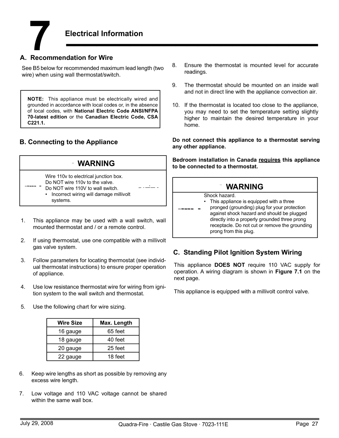 Quadra-Fire CASTILE-GAS-PMH, CASTILE-GAS-MBK Electrical Information, Recommendation for Wire, Connecting to the Appliance 