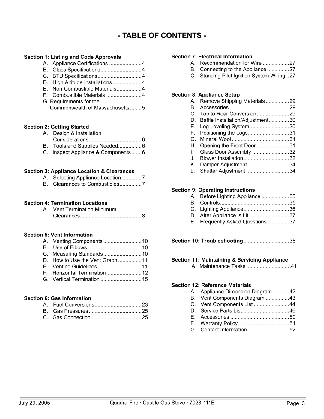 Quadra-Fire CASTILE-GAS-PMH, CASTILE-GAS-MBK, CASTILE-GAS-CSB, 7023-111E owner manual Table of Contents 