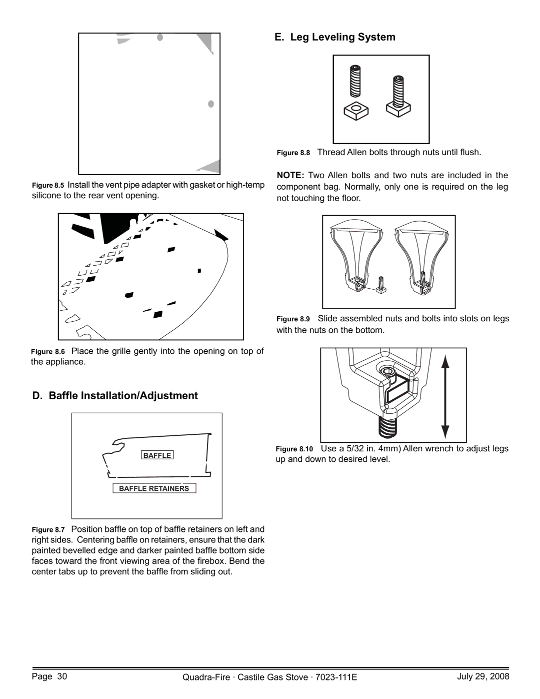 Quadra-Fire 7023-111E, CASTILE-GAS-MBK, CASTILE-GAS-CSB, CASTILE-GAS-PMH Leg Leveling System, Baf e Installation/Adjustment 