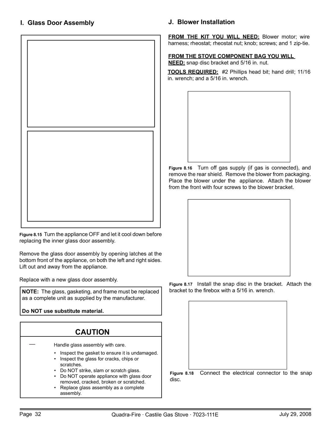 Quadra-Fire CASTILE-GAS-MBK, CASTILE-GAS-CSB Glass Door Assembly Blower Installation, nut Snap disc through bracket 