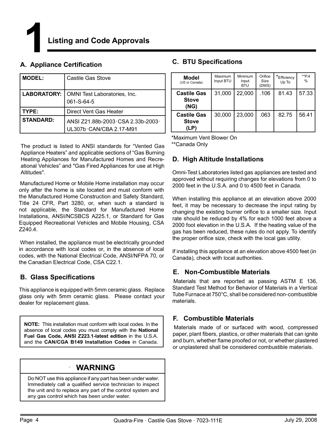 Quadra-Fire CASTILE-GAS-MBK, CASTILE-GAS-CSB, 7023-111E, CASTILE-GAS-PMH owner manual 1Listing and Code Approvals 