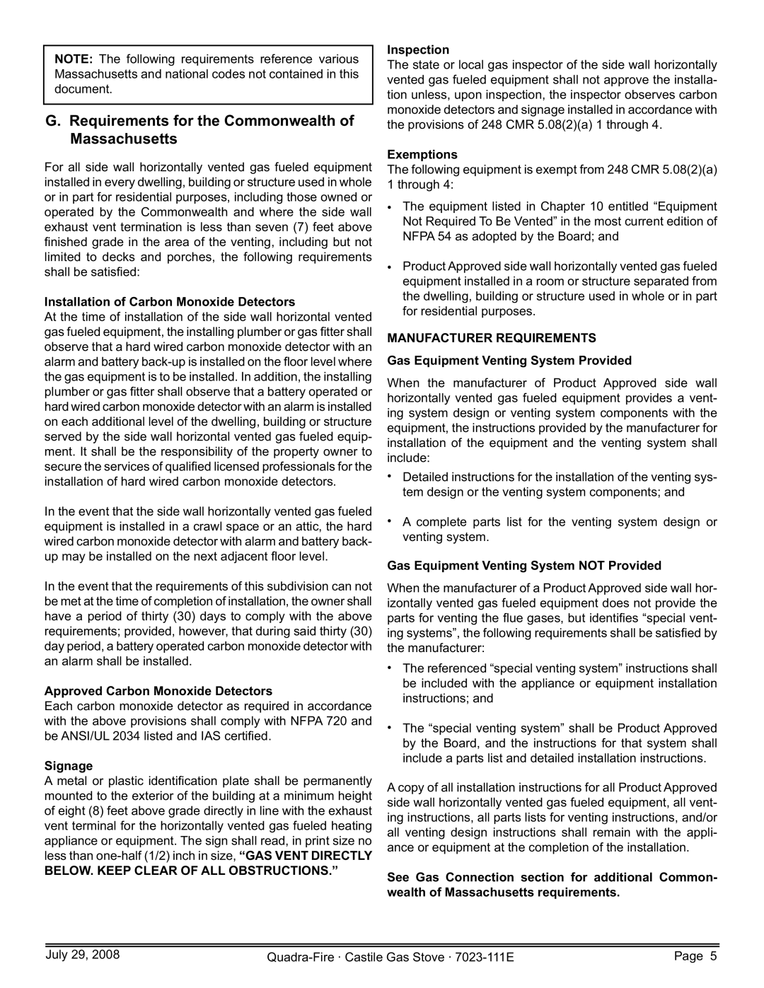 Quadra-Fire CASTILE-GAS-CSB Requirements for the Commonwealth of Massachusetts, BELOW. Keep Clear of ALL Obstructions 