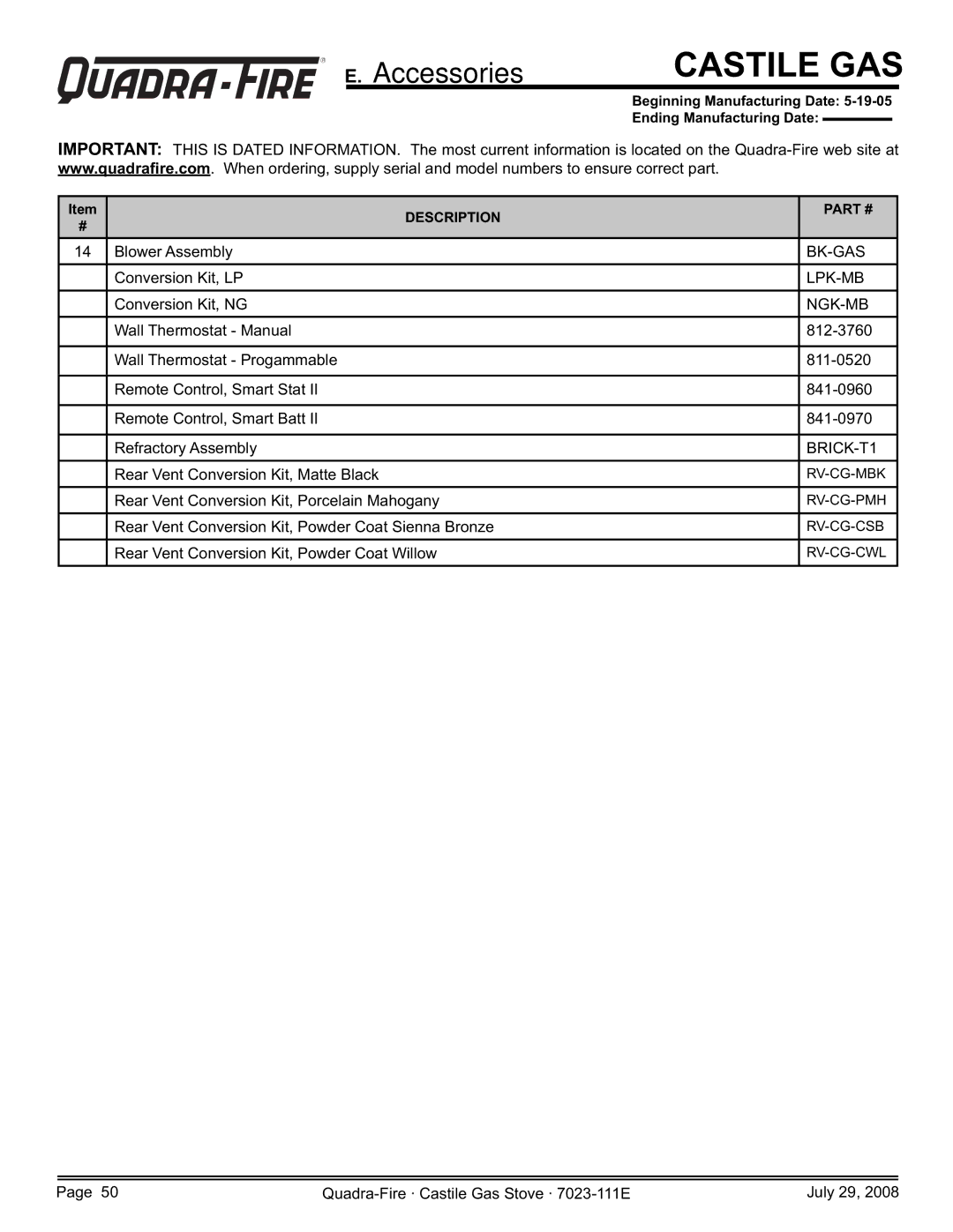 Quadra-Fire 7023-111E, CASTILE-GAS-MBK, CASTILE-GAS-CSB, CASTILE-GAS-PMH owner manual Accessories 