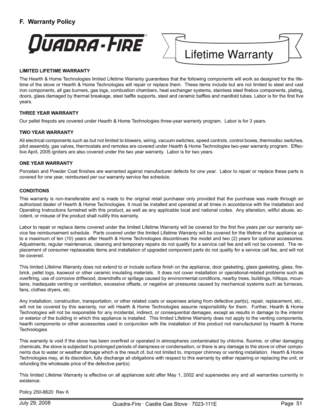 Quadra-Fire CASTILE-GAS-PMH, CASTILE-GAS-MBK, CASTILE-GAS-CSB, 7023-111E owner manual Lifetime Warranty, Warranty Policy 