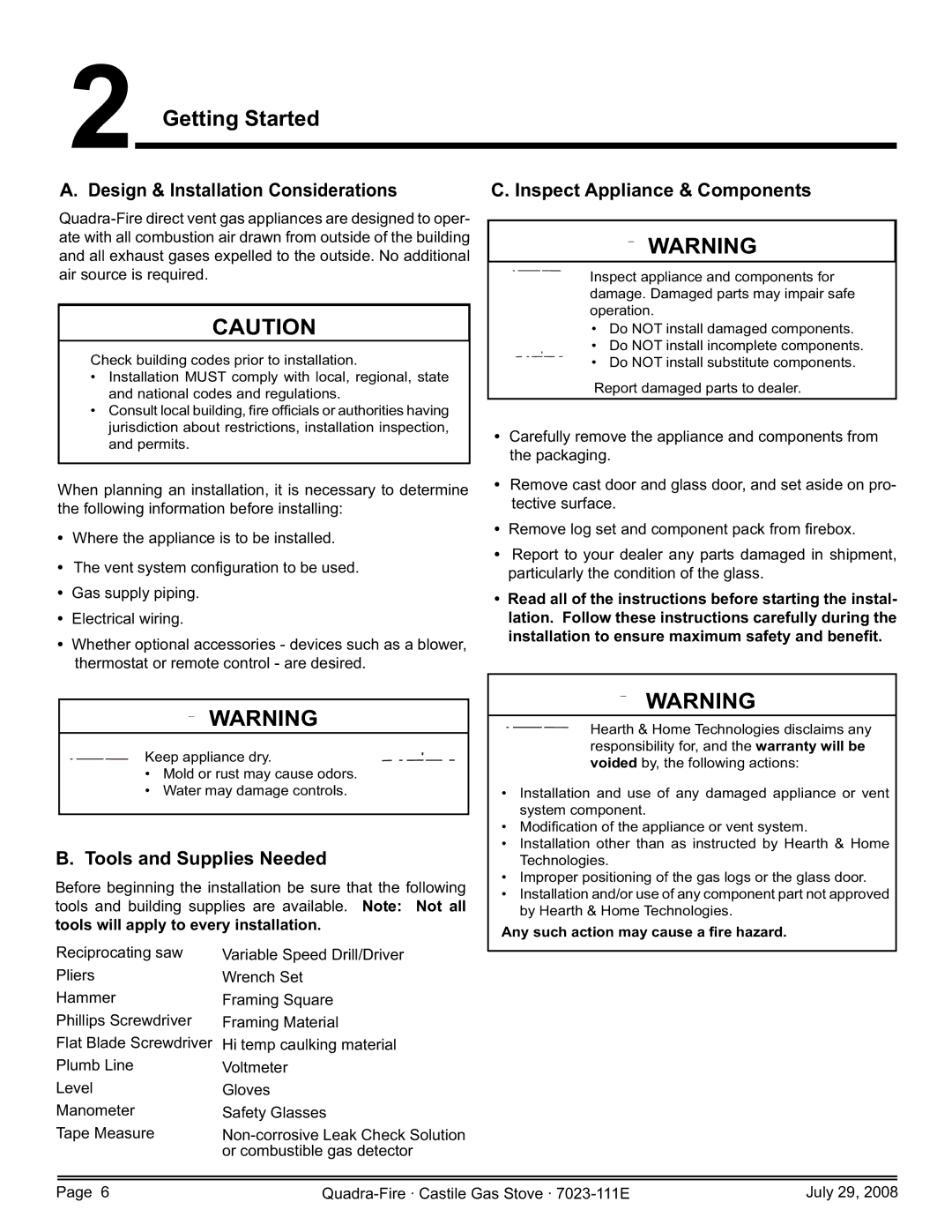 Quadra-Fire 7023-111E owner manual Getting Started, Design & Installation Considerations, Inspect Appliance & Components 