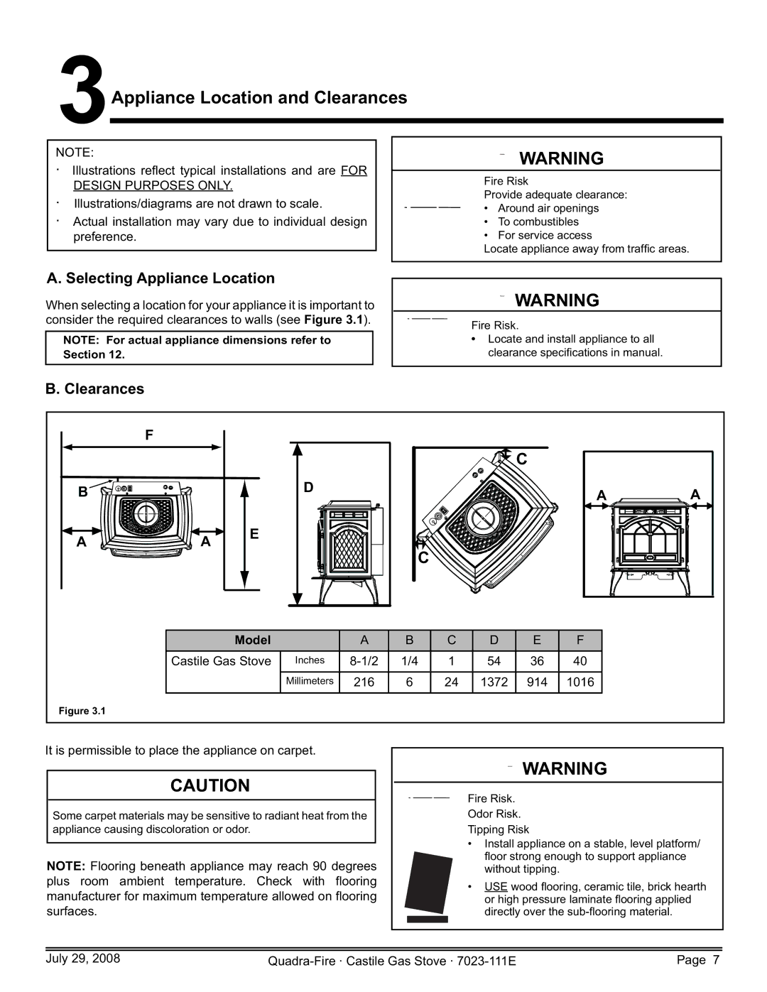 Quadra-Fire CASTILE-GAS-PMH, CASTILE-GAS-MBK, CASTILE-GAS-CSB, 7023-111E owner manual Selecting Appliance Location, Clearances 