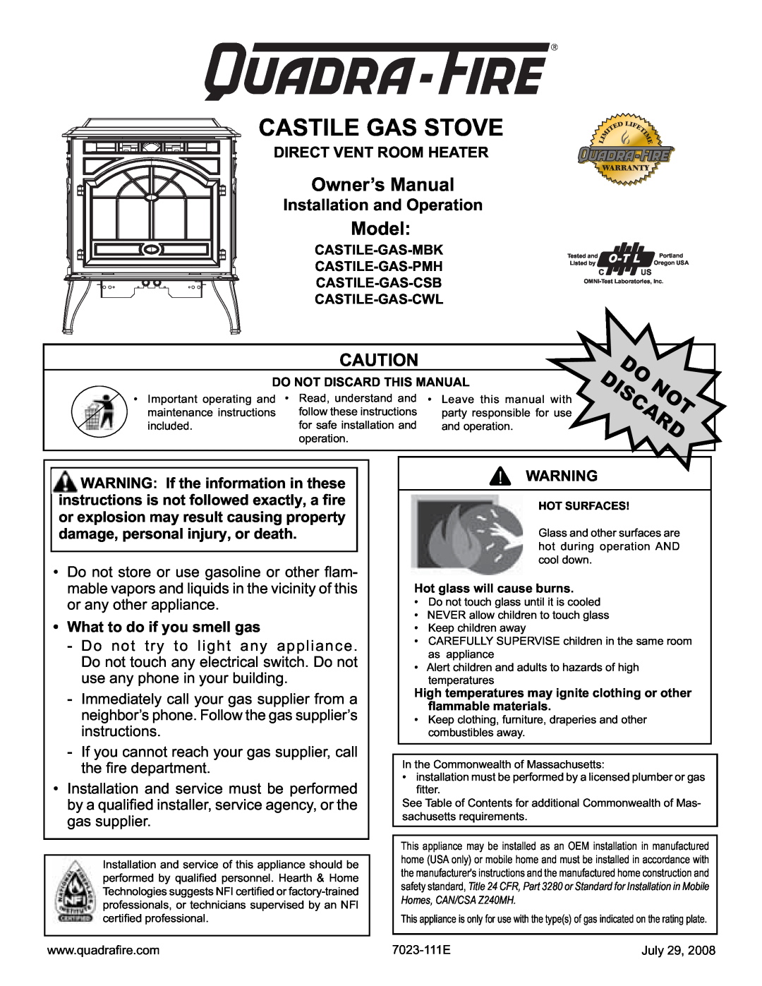 Quadra-Fire CASTILE-GAS-CSB owner manual Direct Vent Room Heater, What to do if you smell gas, Castile Gas Stove, Model 