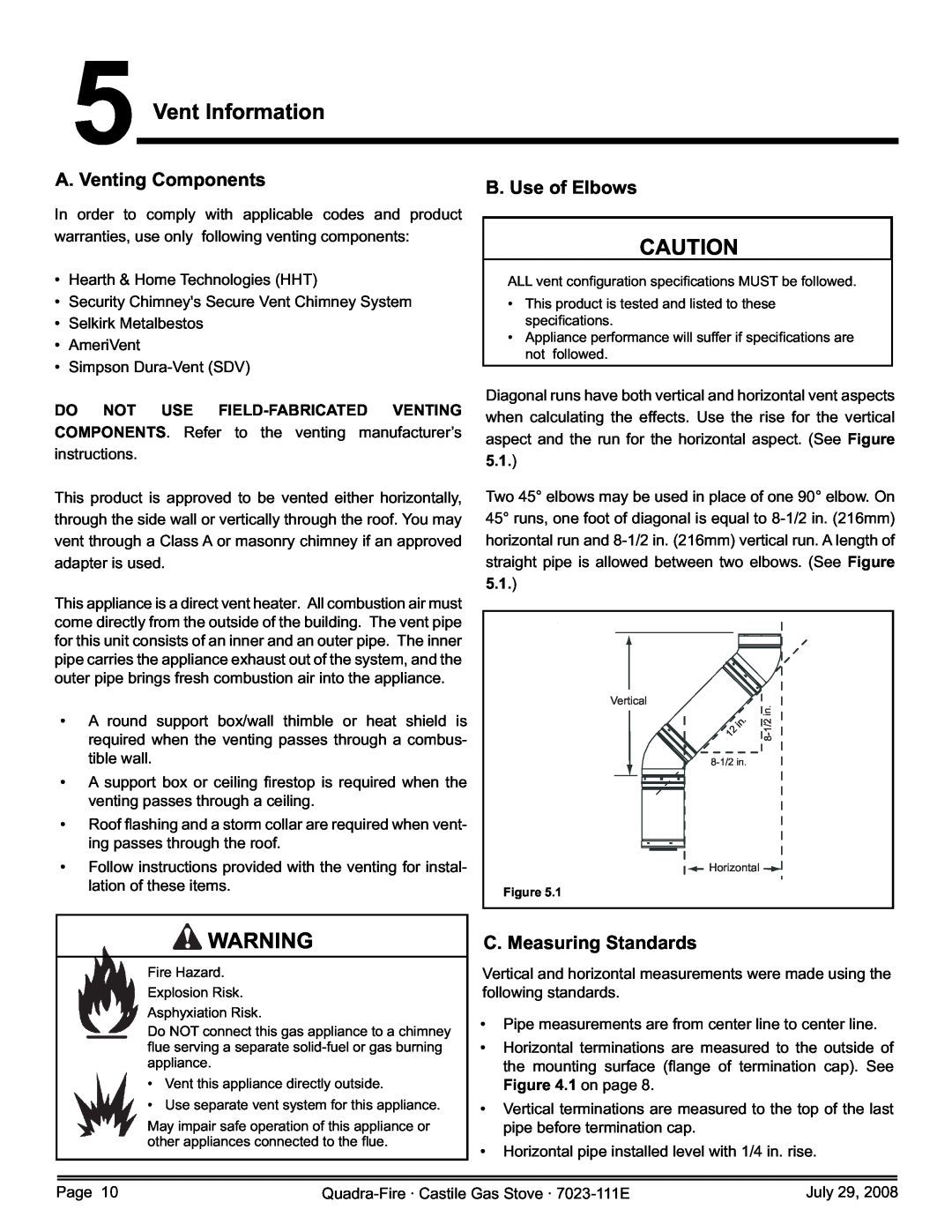Quadra-Fire 7023-111E, CASTILE-GAS-MBK 5Vent Information, A.Venting Components, B. Use of Elbows, C. Measuring Standards 