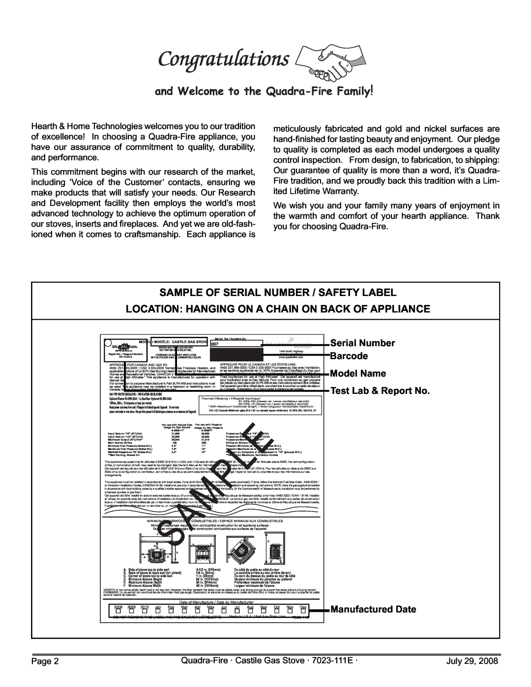 Quadra-Fire 7023-111E owner manual Sample Of Serial Number / Safety Label, Location Hanging On A Chain On Back Of Appliance 