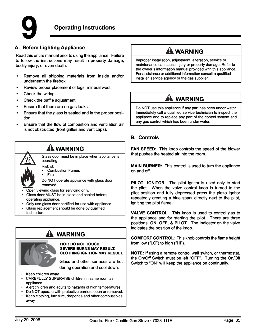 Quadra-Fire CASTILE-GAS-PMH, CASTILE-GAS-MBK, 7023-111E 9Operating Instructions, A. Before Lighting Appliance, B. Controls 