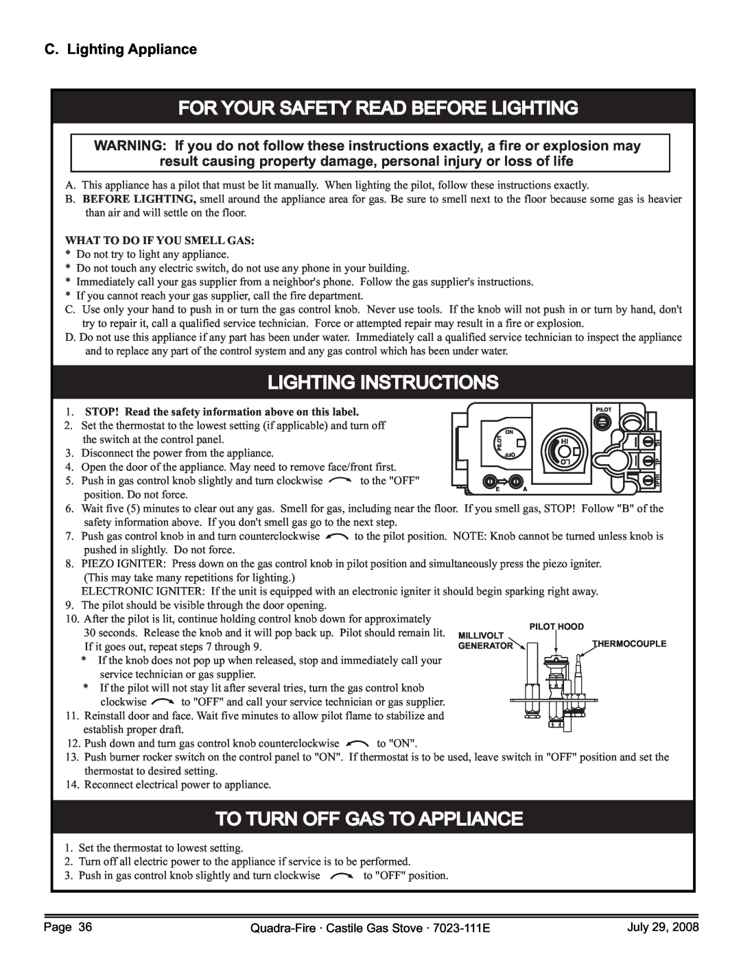Quadra-Fire CASTILE-GAS-MBK, 7023-111E C. Lighting Appliance, For Your Safety Read Before Lighting, Lighting Instructions 
