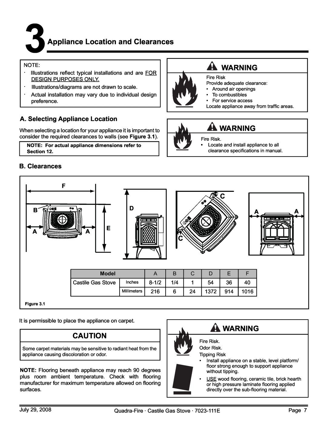Quadra-Fire CASTILE-GAS-PMH, 7023-111E A. Selecting Appliance Location, B. Clearances, Appliance Location and Clearances 