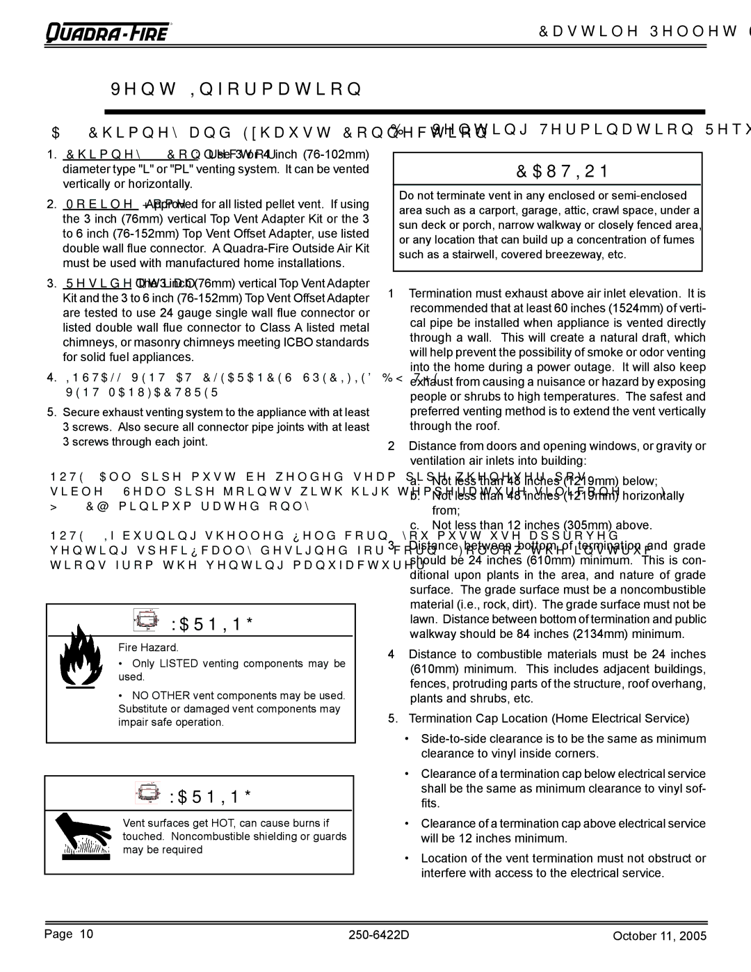 Quadra-Fire CASTILE-CCR, CASTILE-MBK Vent Information, Chimney and Exhaust Connection, Venting Termination Requirements 