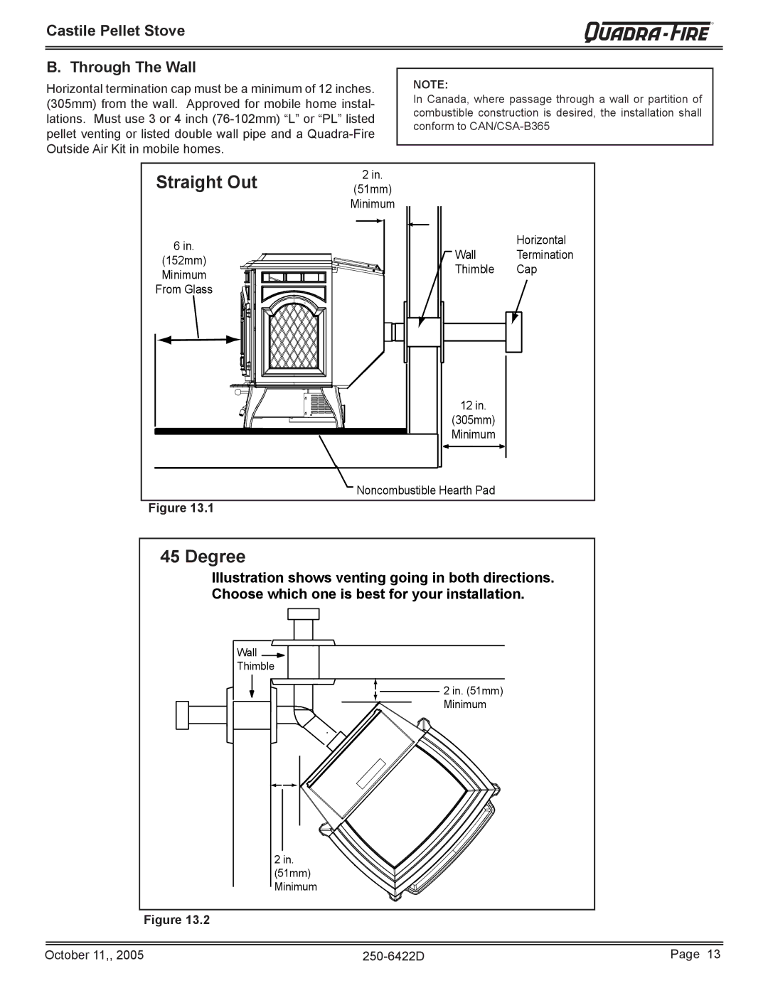 Quadra-Fire CASTILE-CLG, CASTILE-MBK, CASTILE-CCR, CASTILE-PMH Straight Out, Degree, Castile Pellet Stove Through The Wall 