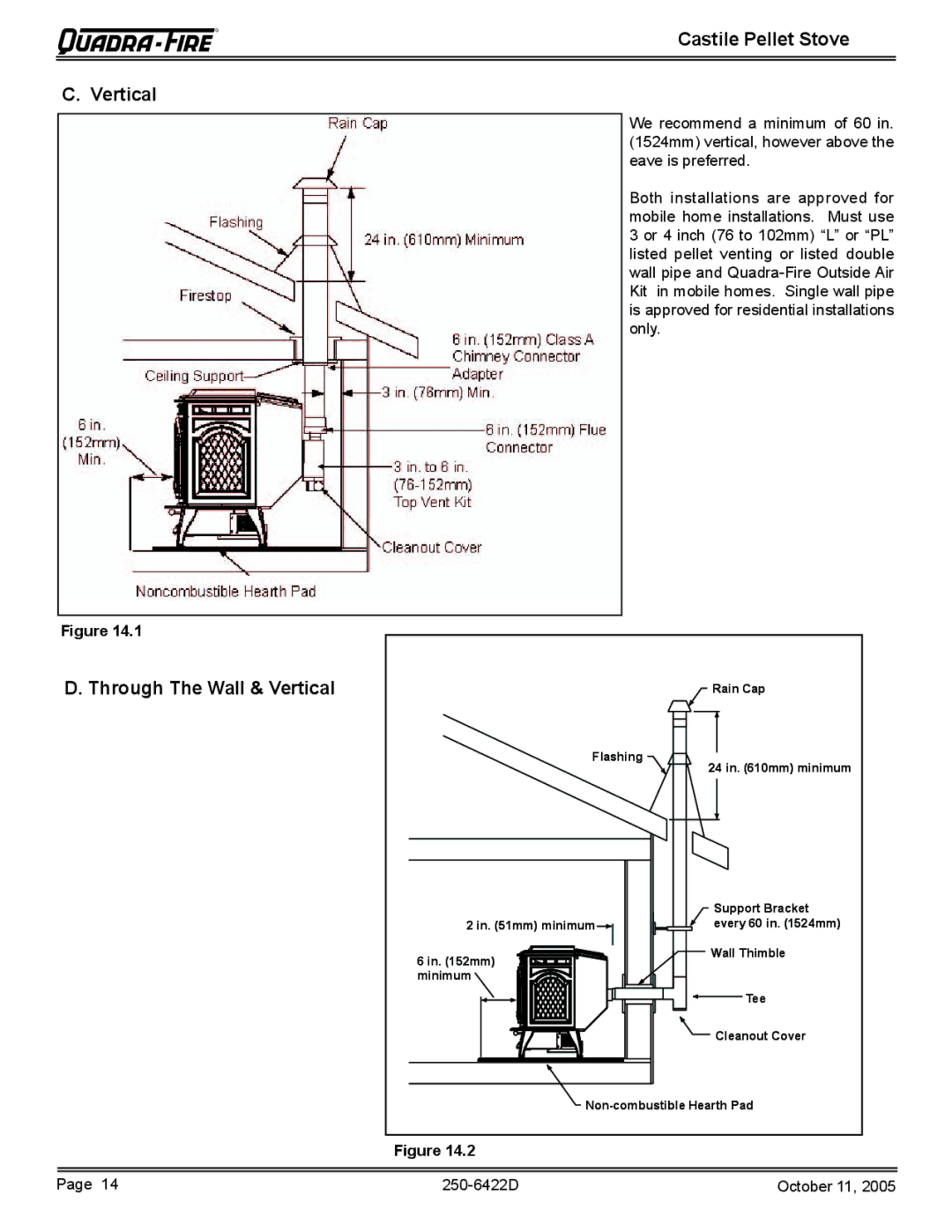 Quadra-Fire CASTILE-CCR, CASTILE-MBK, CASTILE-CLG, CASTILE-PMH Castile Pellet Stove Vertical, Through The Wall & Vertical 