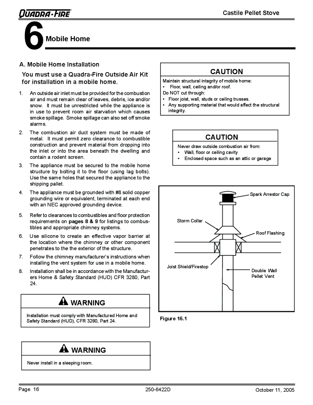 Quadra-Fire CASTILE-MBK, CASTILE-CLG, CASTILE-CCR, CASTILE-PMH owner manual Mobile Home, Castile Pellet Stove 