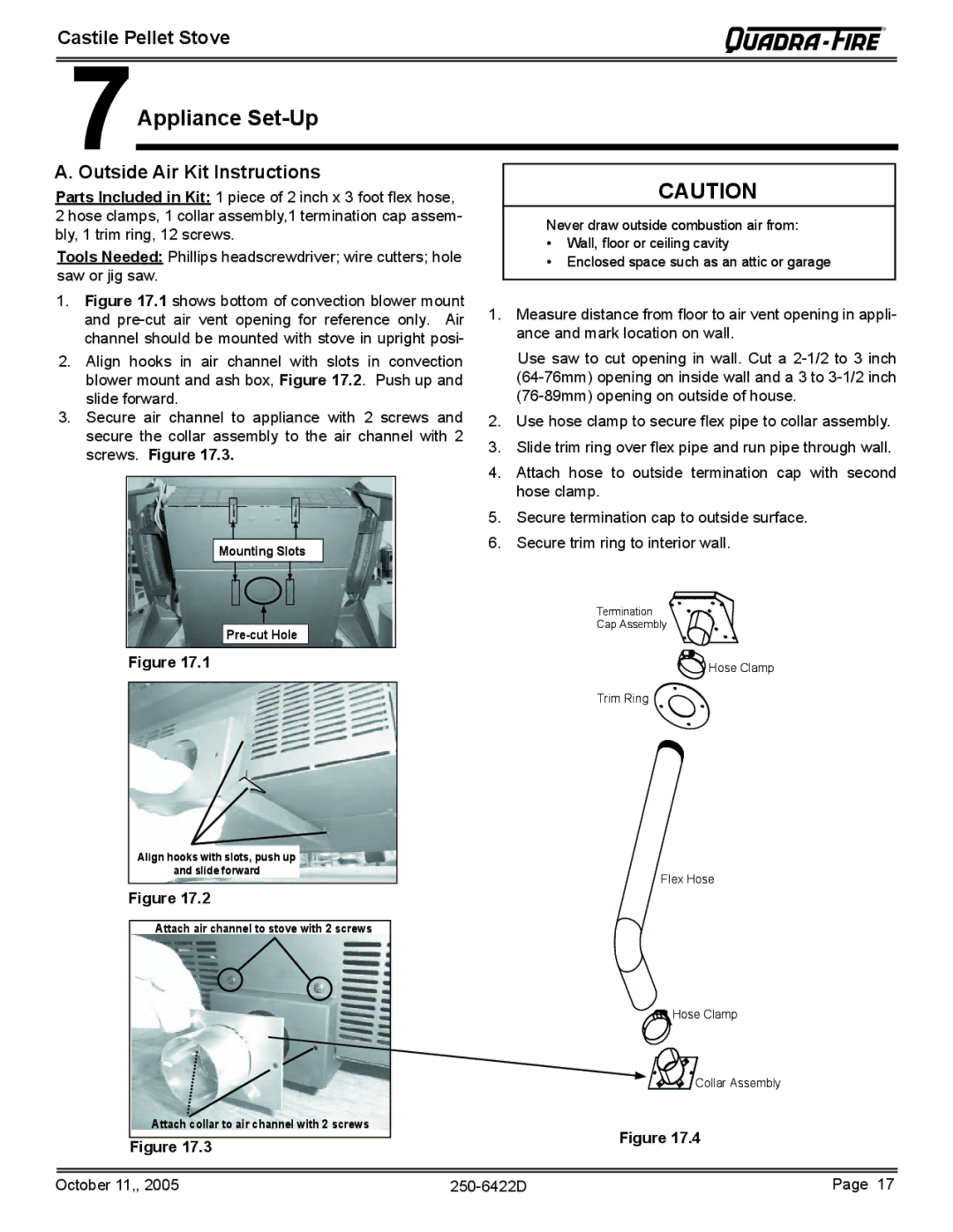 Quadra-Fire CASTILE-CLG, CASTILE-MBK, CASTILE-CCR, CASTILE-PMH owner manual 7Appliance Set-Up, Outside Air Kit Instructions 