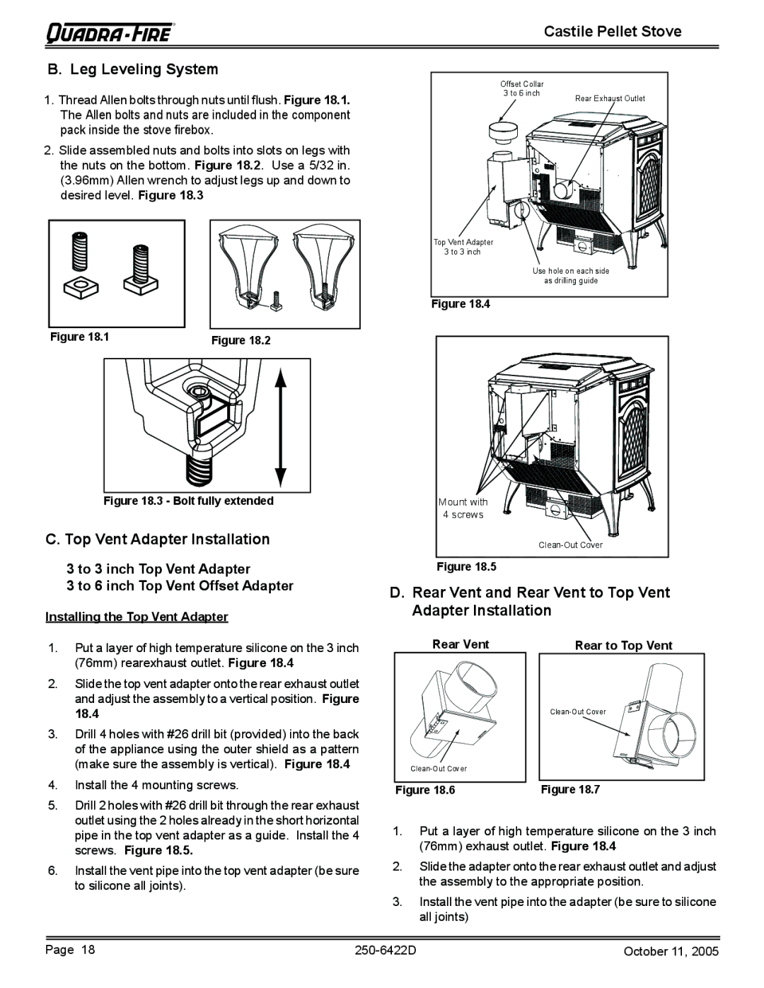 Quadra-Fire CASTILE-CCR, CASTILE-MBK Castile Pellet Stove Leg Leveling System, Top Vent Adapter Installation, Rear Vent 