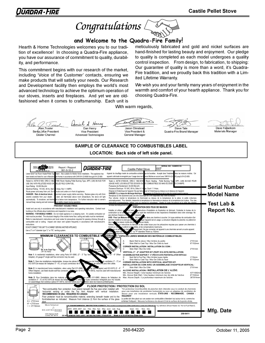 Quadra-Fire CASTILE-CCR, CASTILE-MBK, CASTILE-CLG, CASTILE-PMH Castile Pellet Stove, Location Back side of left side panel 