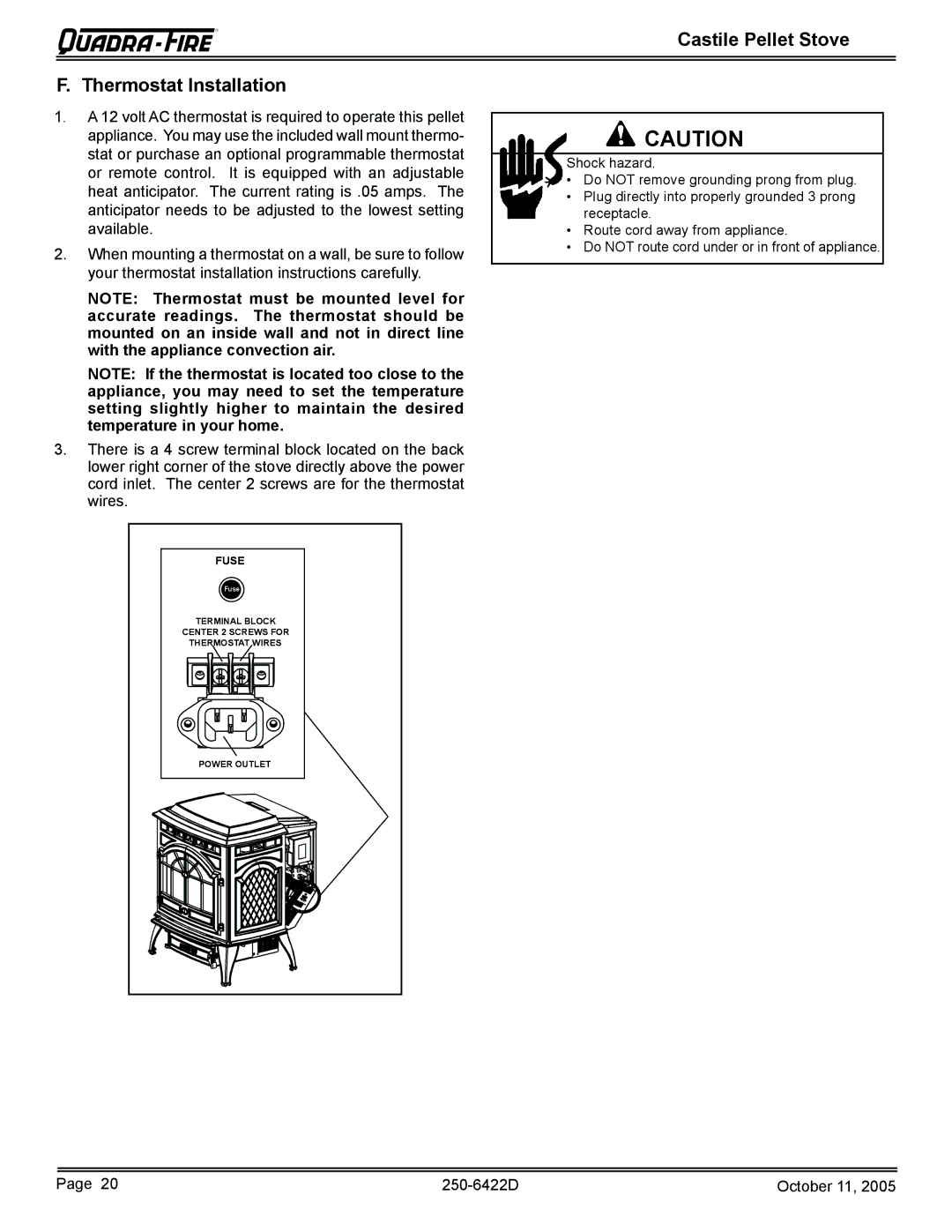 Quadra-Fire CASTILE-MBK, CASTILE-CLG, CASTILE-CCR, CASTILE-PMH owner manual Castile Pellet Stove Thermostat Installation 