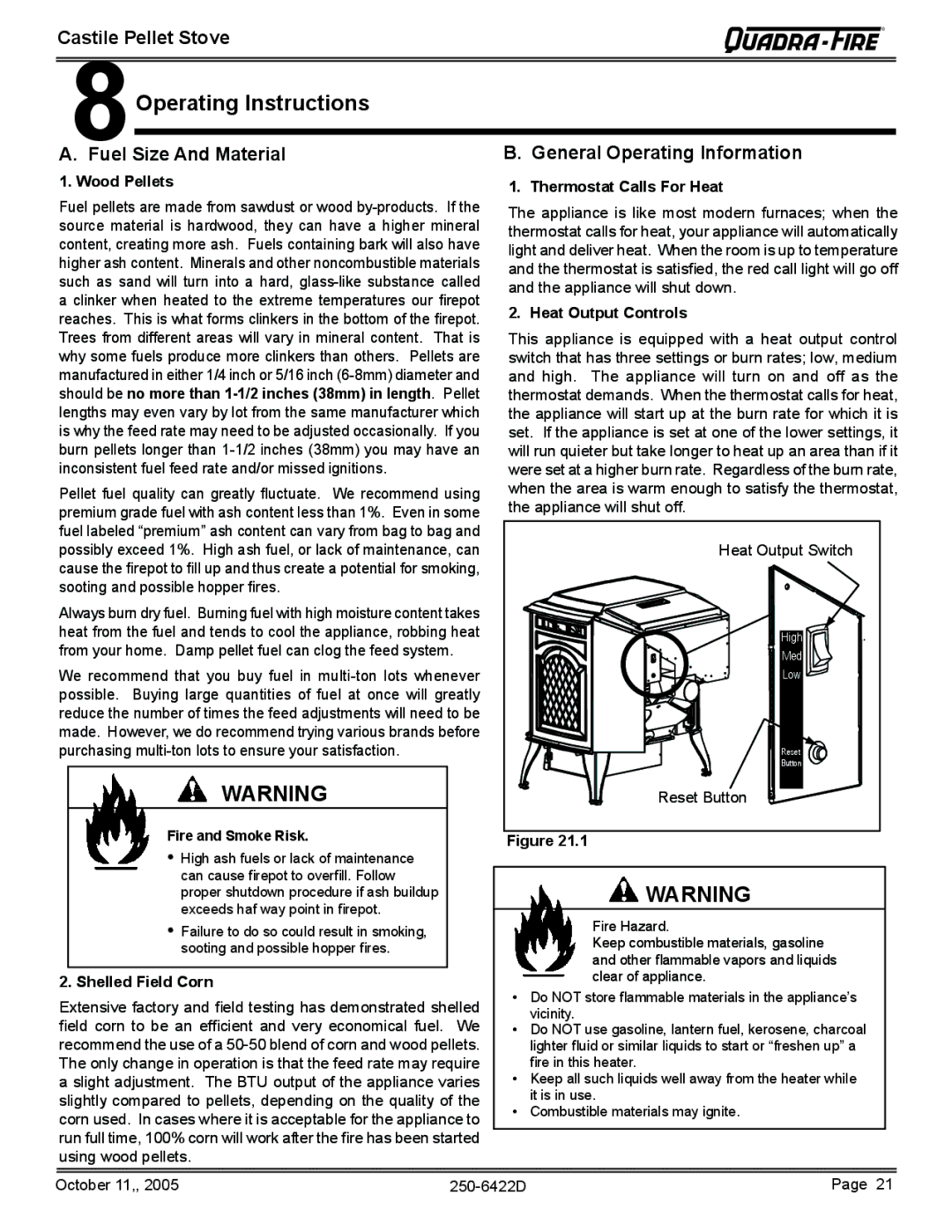 Quadra-Fire CASTILE-CLG, CASTILE-MBK Operating Instructions, Fuel Size And Material General Operating Information 