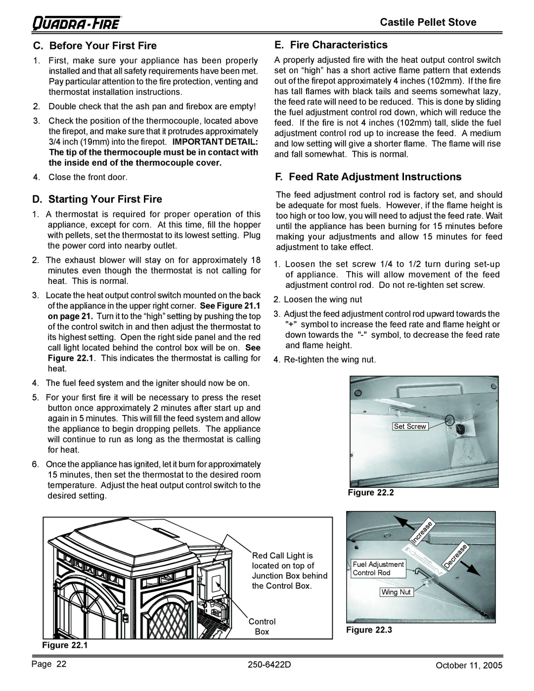 Quadra-Fire CASTILE-CCR Castile Pellet Stove Before Your First Fire, Fire Characteristics, Starting Your First Fire 