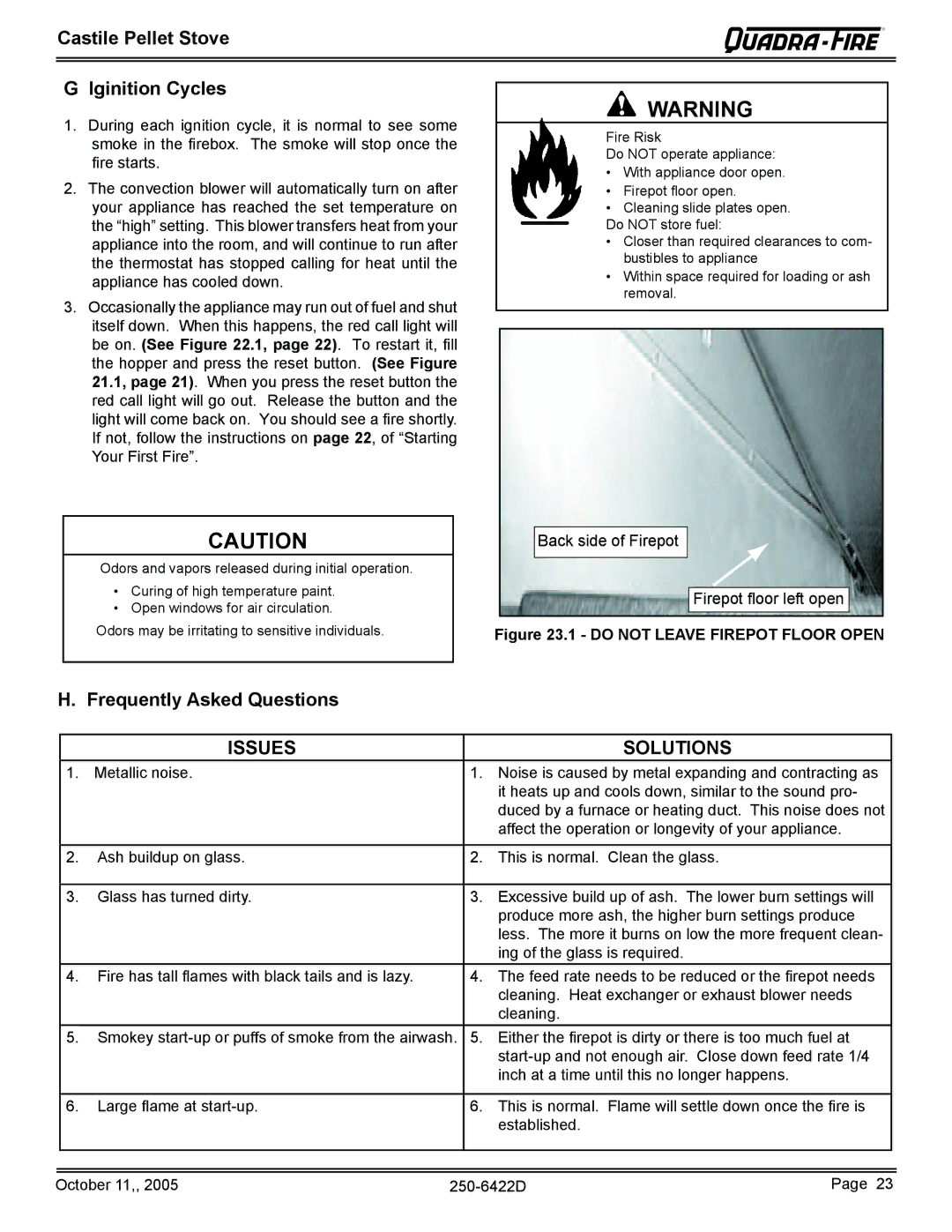 Quadra-Fire CASTILE-PMH, CASTILE-MBK, CASTILE-CLG Castile Pellet Stove Iginition Cycles, Frequently Asked Questions 