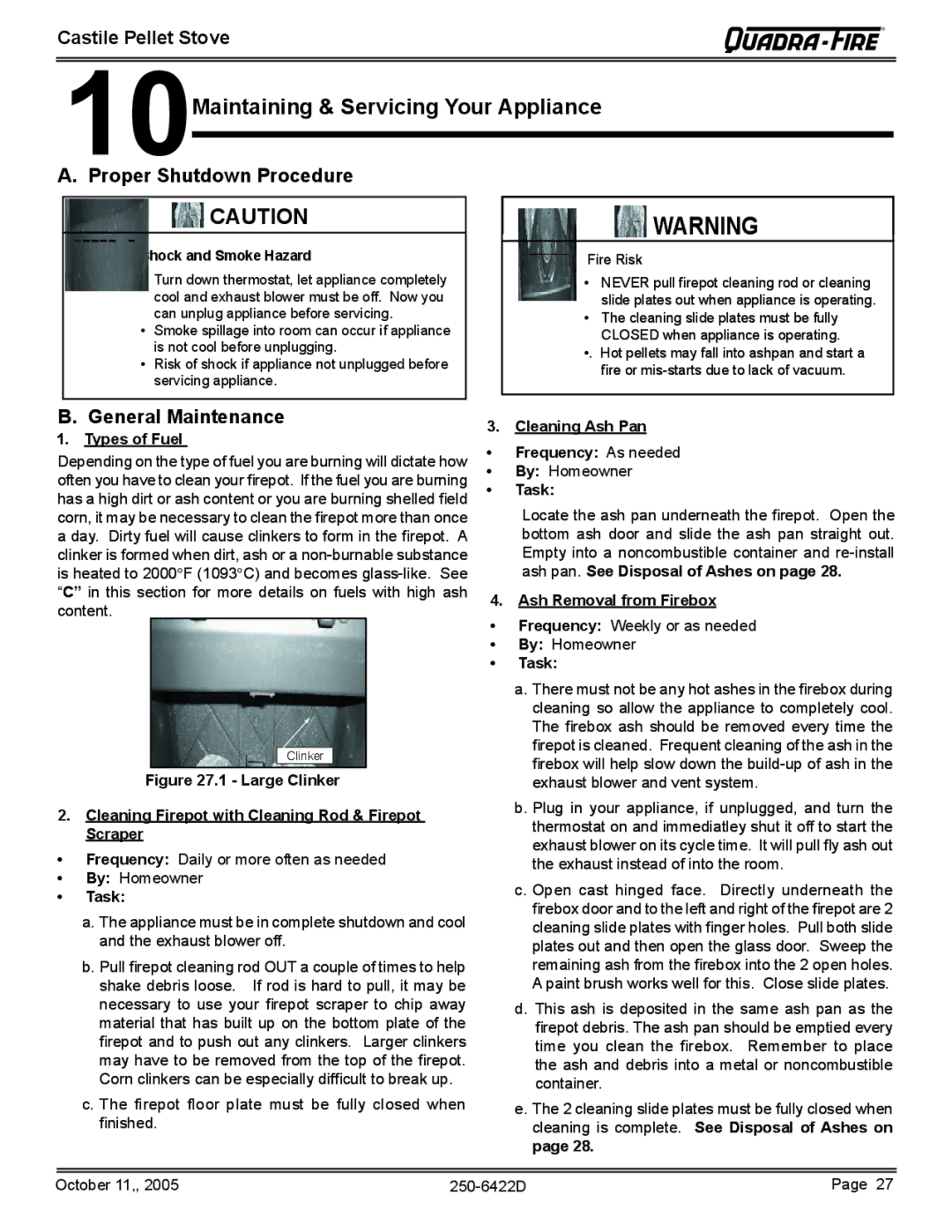 Quadra-Fire CASTILE-PMH 10Maintaining & Servicing Your Appliance, Types of Fuel, Task, Ash Removal from Firebox 