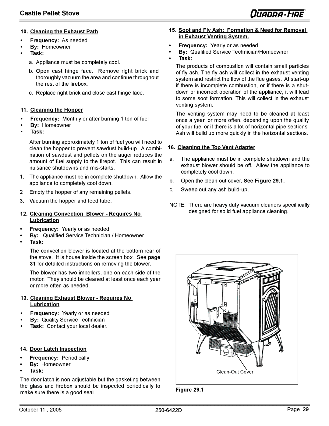 Quadra-Fire CASTILE-CLG Cleaning the Exhaust Path Frequency As needed, Cleaning the Hopper, Door Latch Inspection 